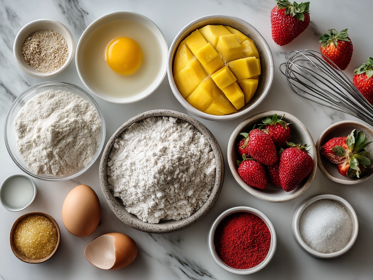 Ingredients for Mango Strawberry Cupcakes including fresh mango, strawberries, flour, eggs, sugar, and butter