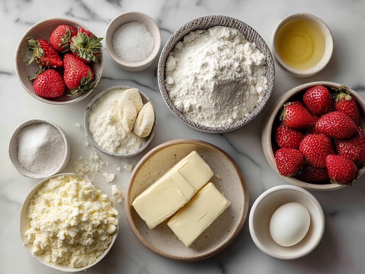 Raw ingredients for Strawberry Cheesecake Cookies including strawberries, cream cheese, sugar, butter, and eggs