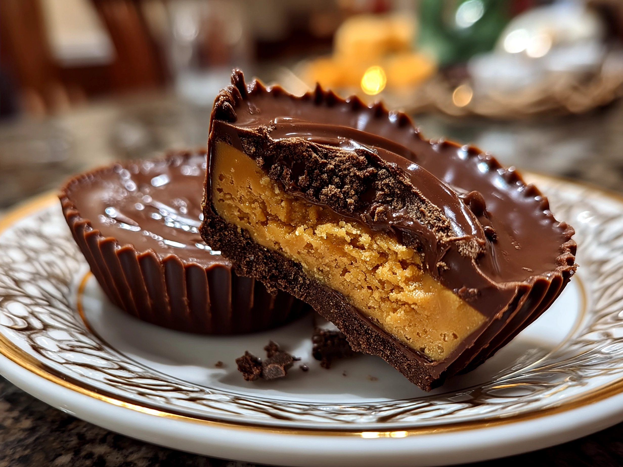 Plated serving of homemade Reeses Peanut Butter Cups with nuts on top
