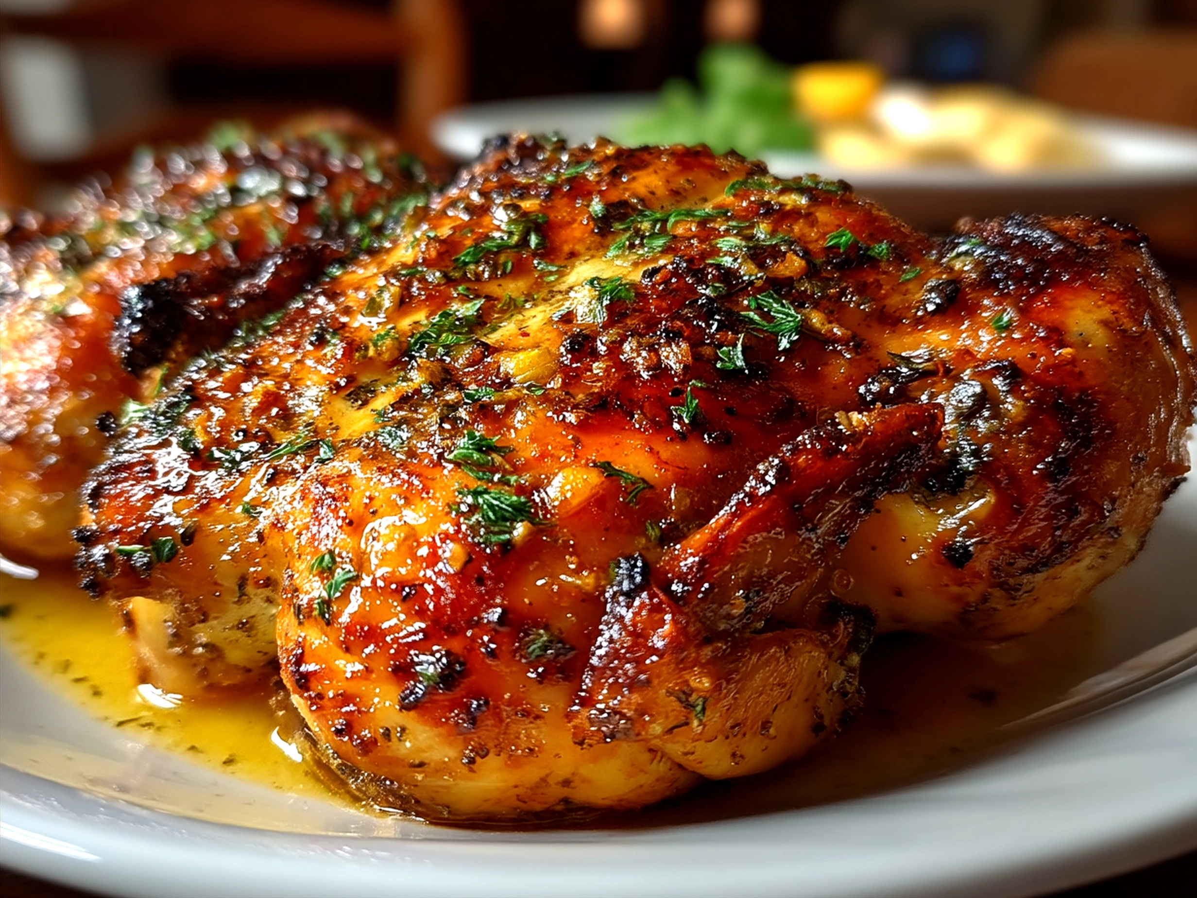 A serving of roasted chicken with roasted vegetables and sweet potatoes on a family dinner table