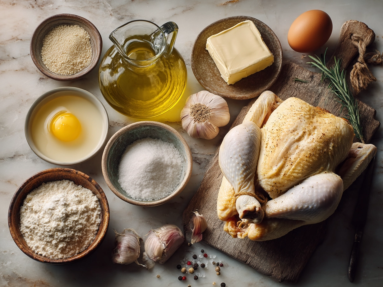 Ingredients for Roasted Chicken including herbs, lemon, garlic, olive oil, and whole chicken
