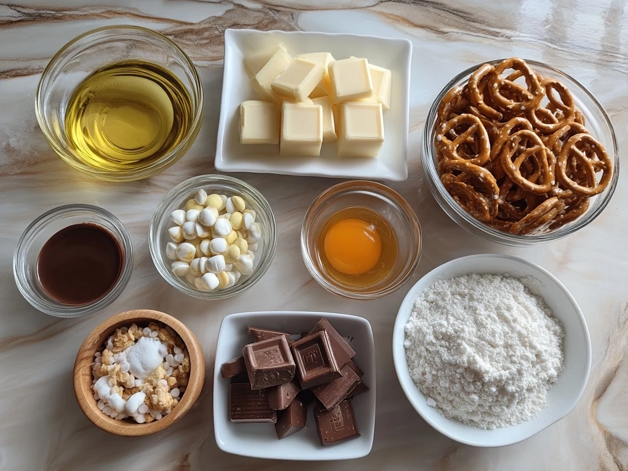 Ingredients for Rolo Pretzels with M&M candies including pretzels, Rolo chocolates, and M&Ms