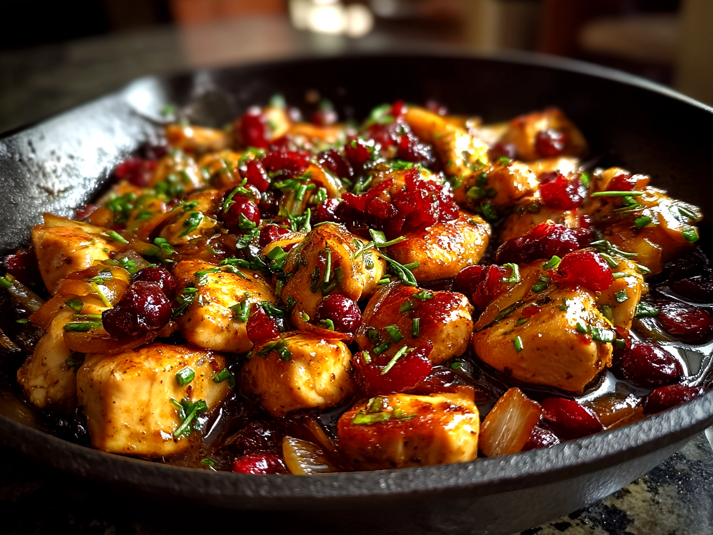 Serving of Skillet Cranberry Orange Chicken garnished with fresh herbs on a plate