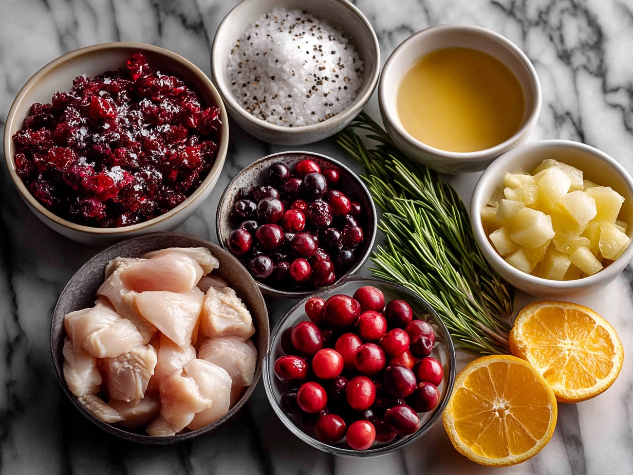 Ingredients for Skillet Cranberry Orange Chicken including chicken breasts, fresh cranberries, orange, honey, and thyme