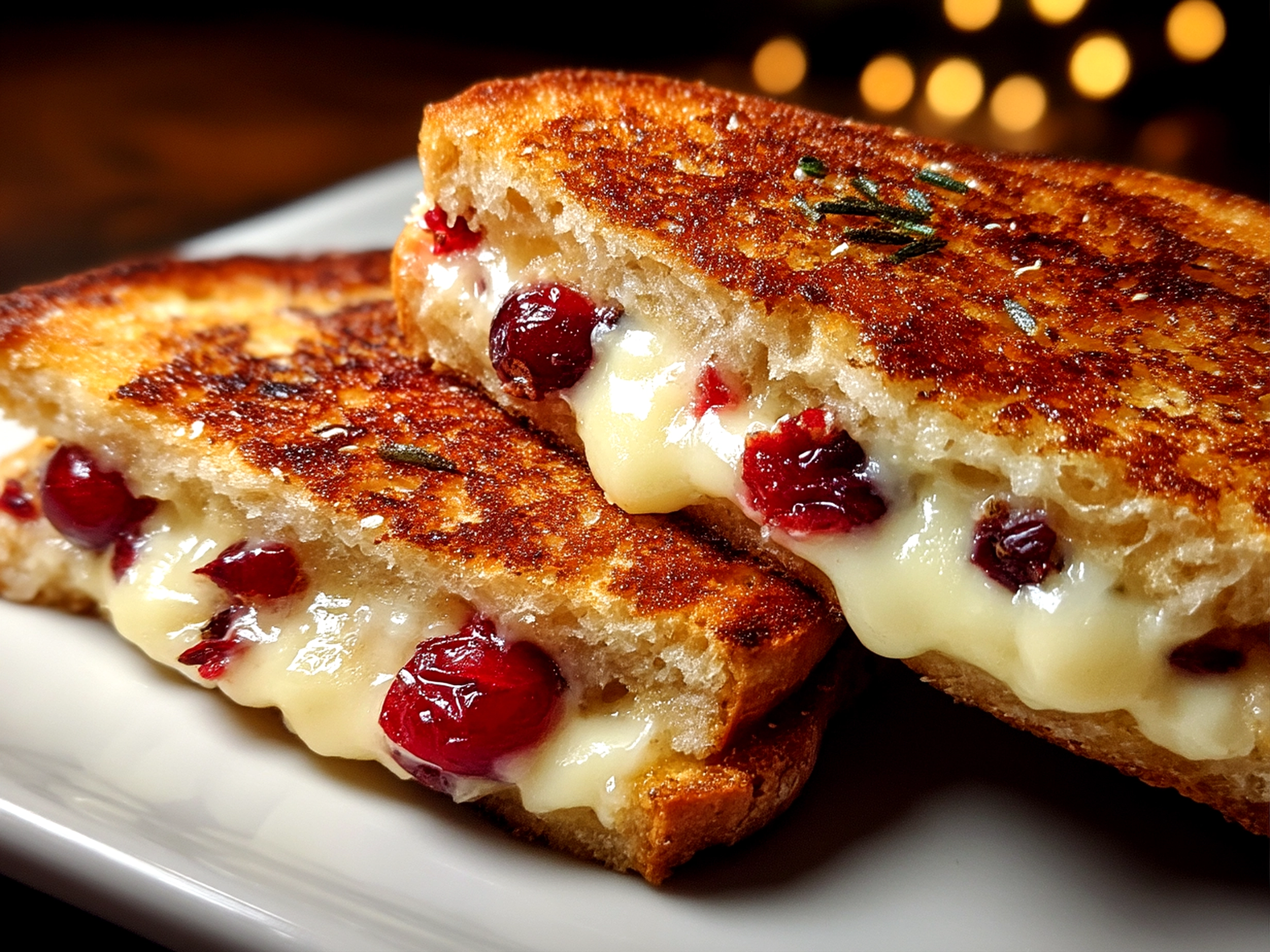 Slight angle close-up of a finished apple and cranberry grilled cheese sandwich