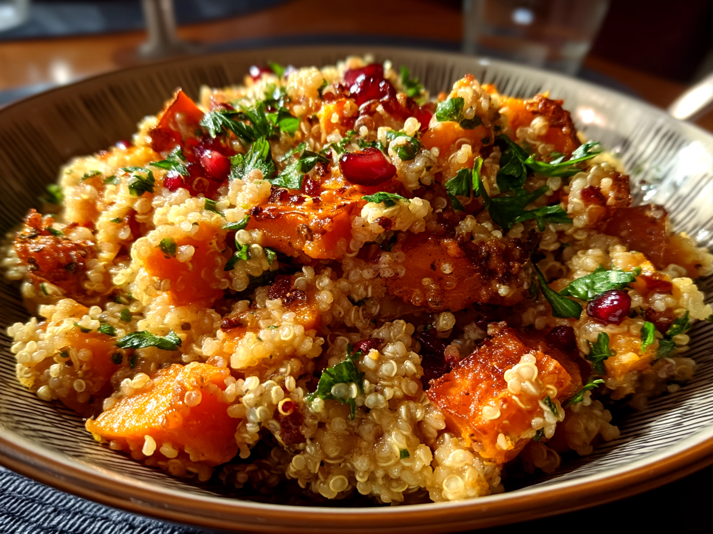 Close-up view of finished Apple Sweet Potato Quinoa Salad served in a bowl