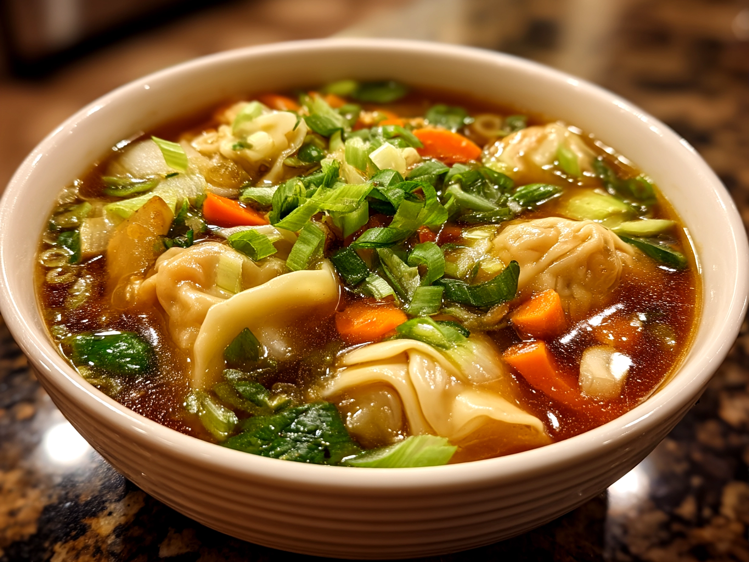 Slight angle close-up of finished Asian wonton soup in a serving bowl