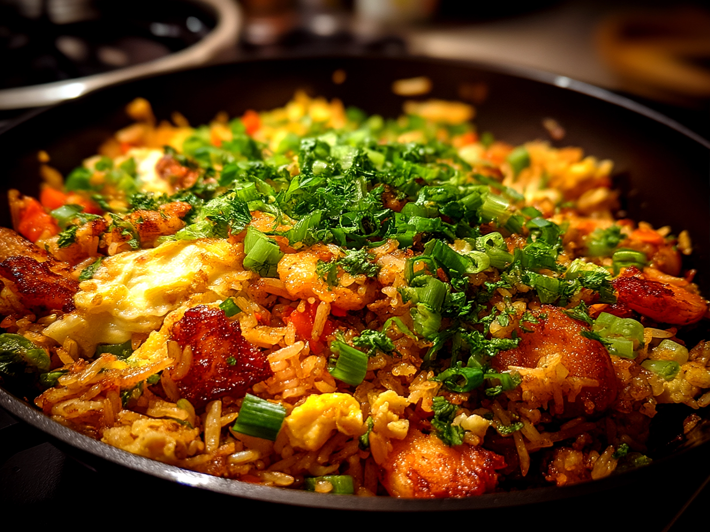 Close-up of finished Bang Bang Fried Rice served in a bowl