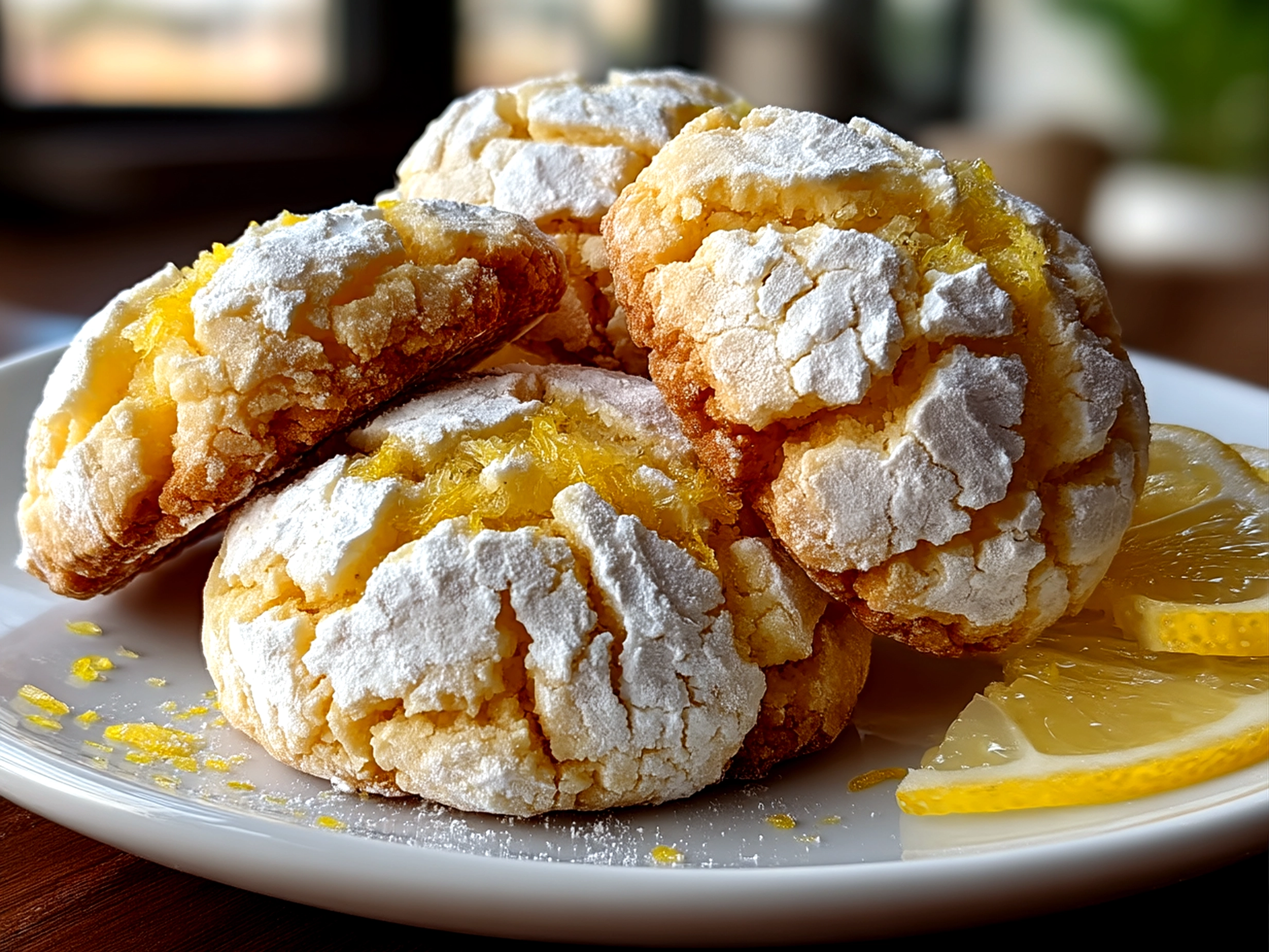 Close-up of finished beautiful lemon crinkle cookies
