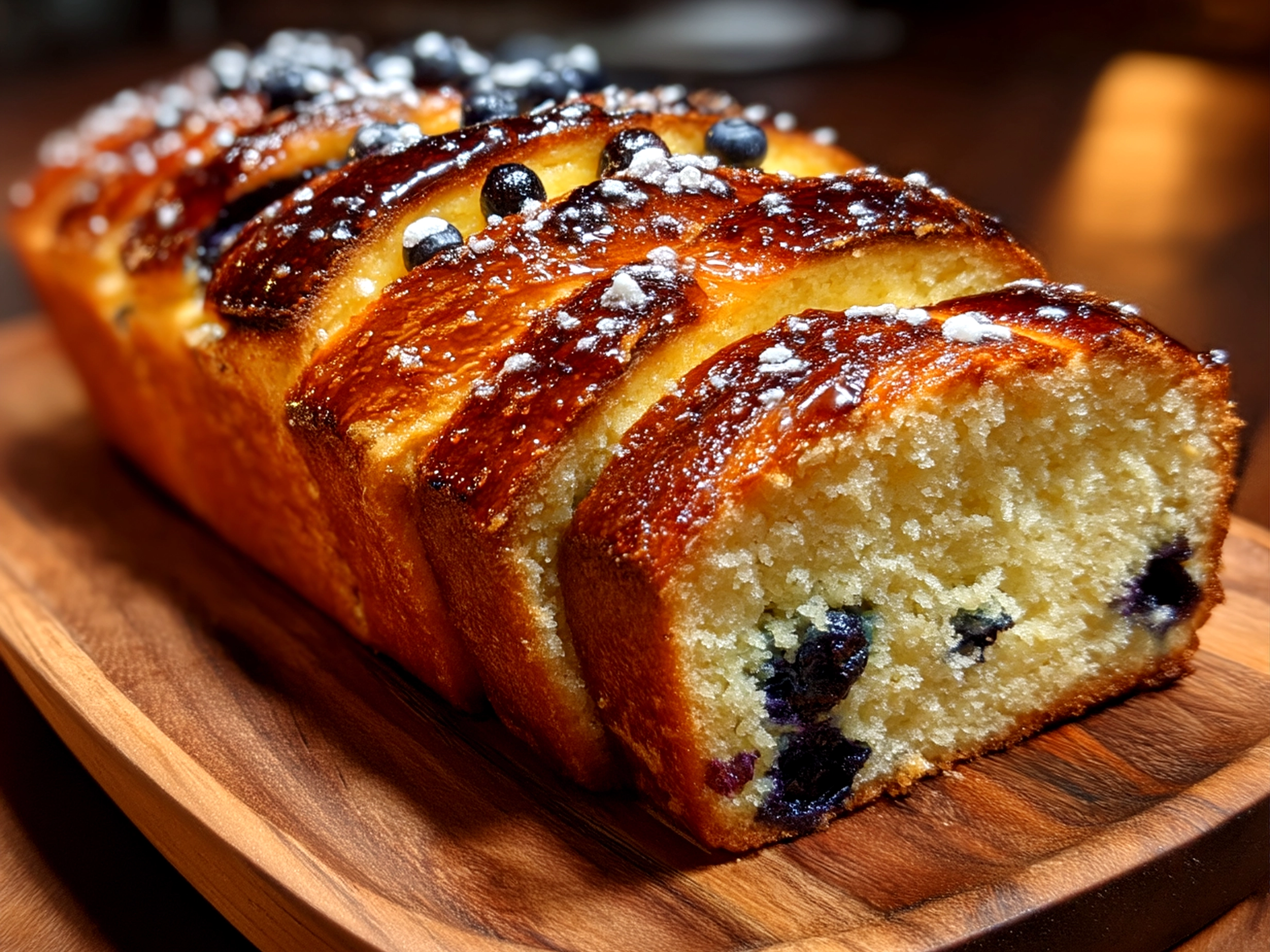 Slight angle close-up of finished Blueberry Lemon Sourdough Babka loaf, showing the twist and blueberry filling.