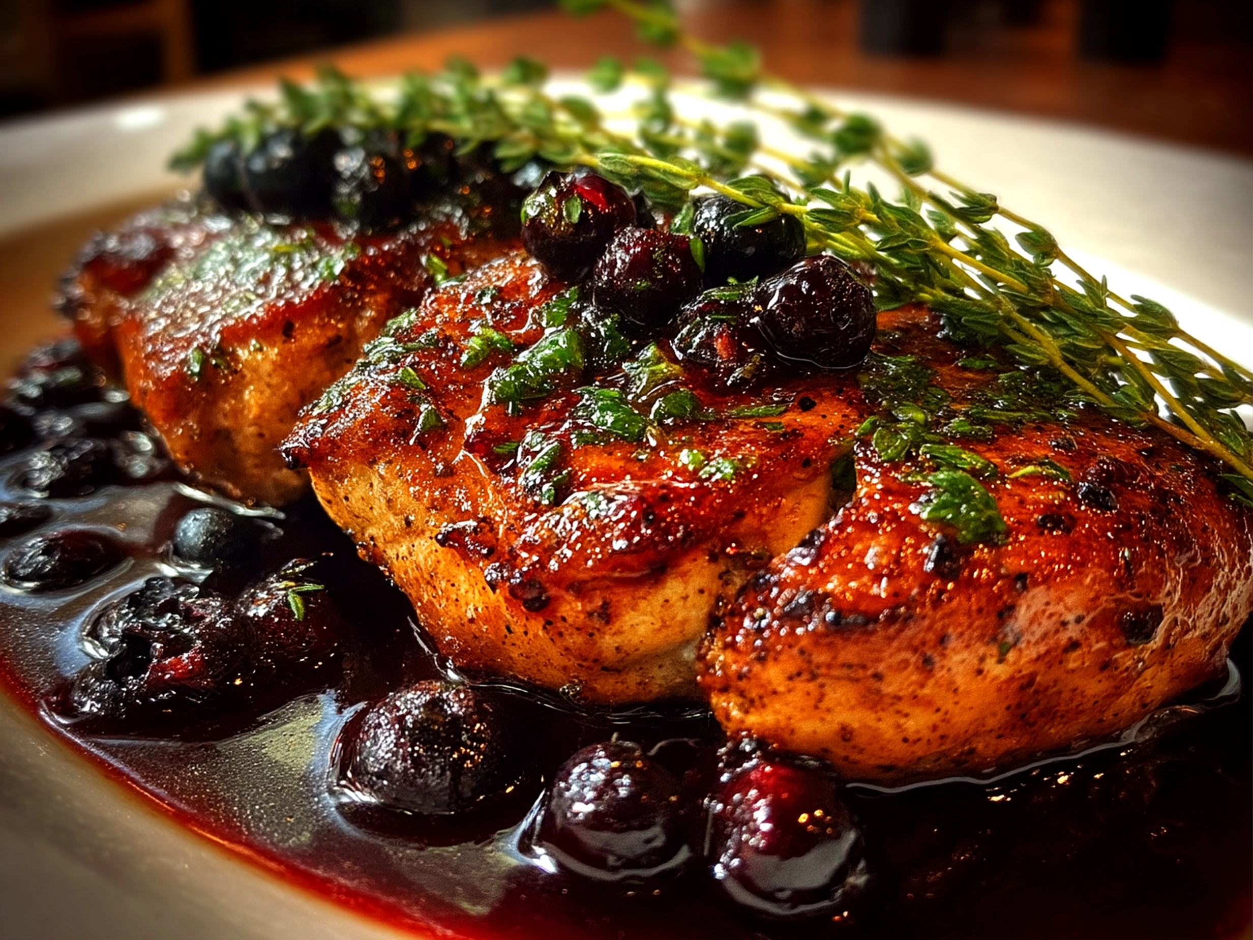 Close-up of finished Blueberry Thyme Chicken with glaze