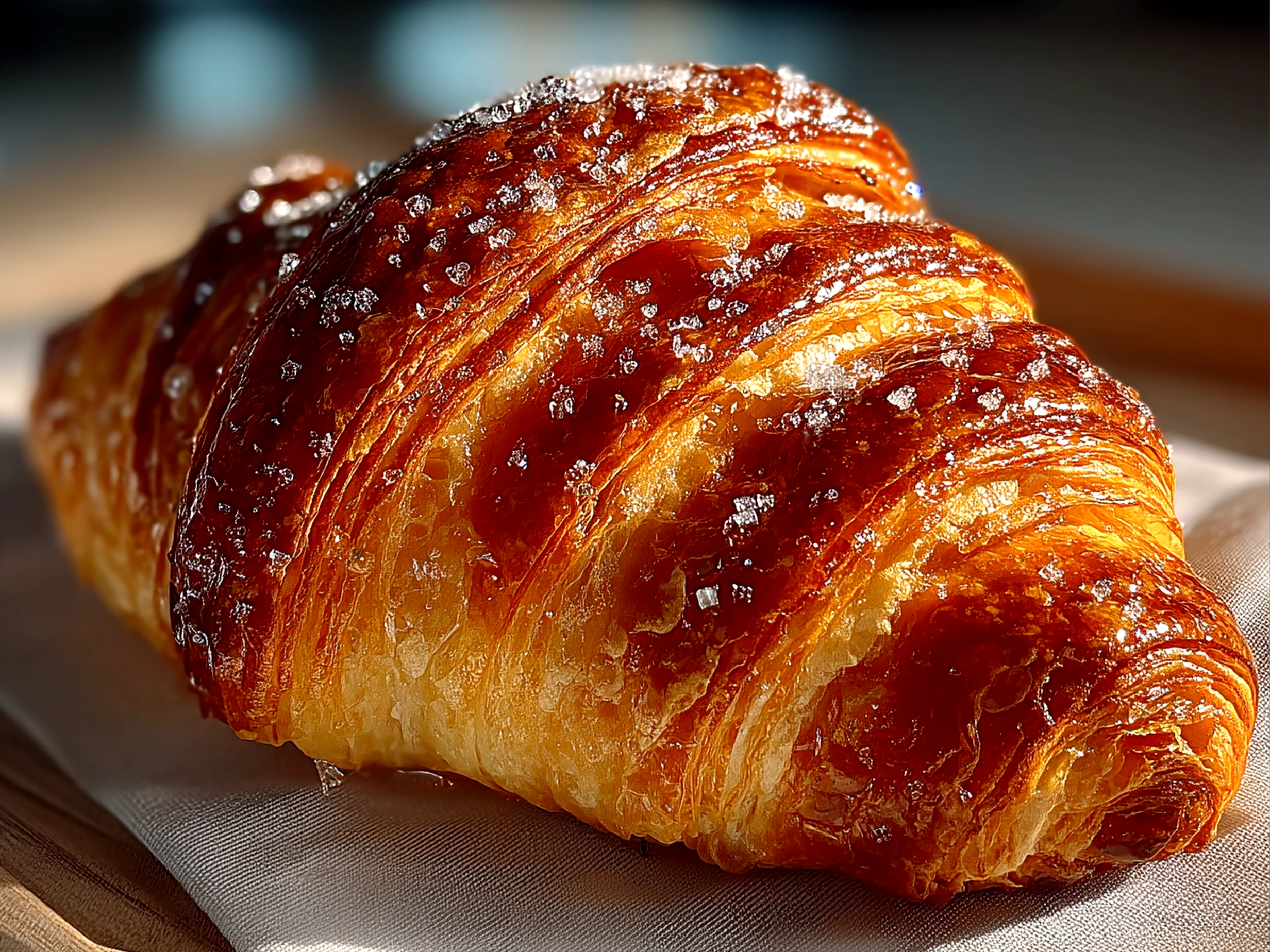Slight angle close-up of finished buttery French Croissant on a plate