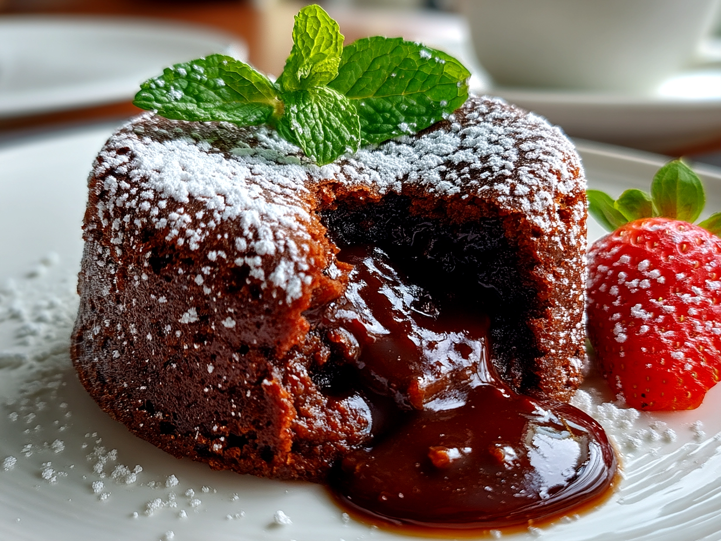 Slight angle close up of finished chocolate lava cake with molten center
