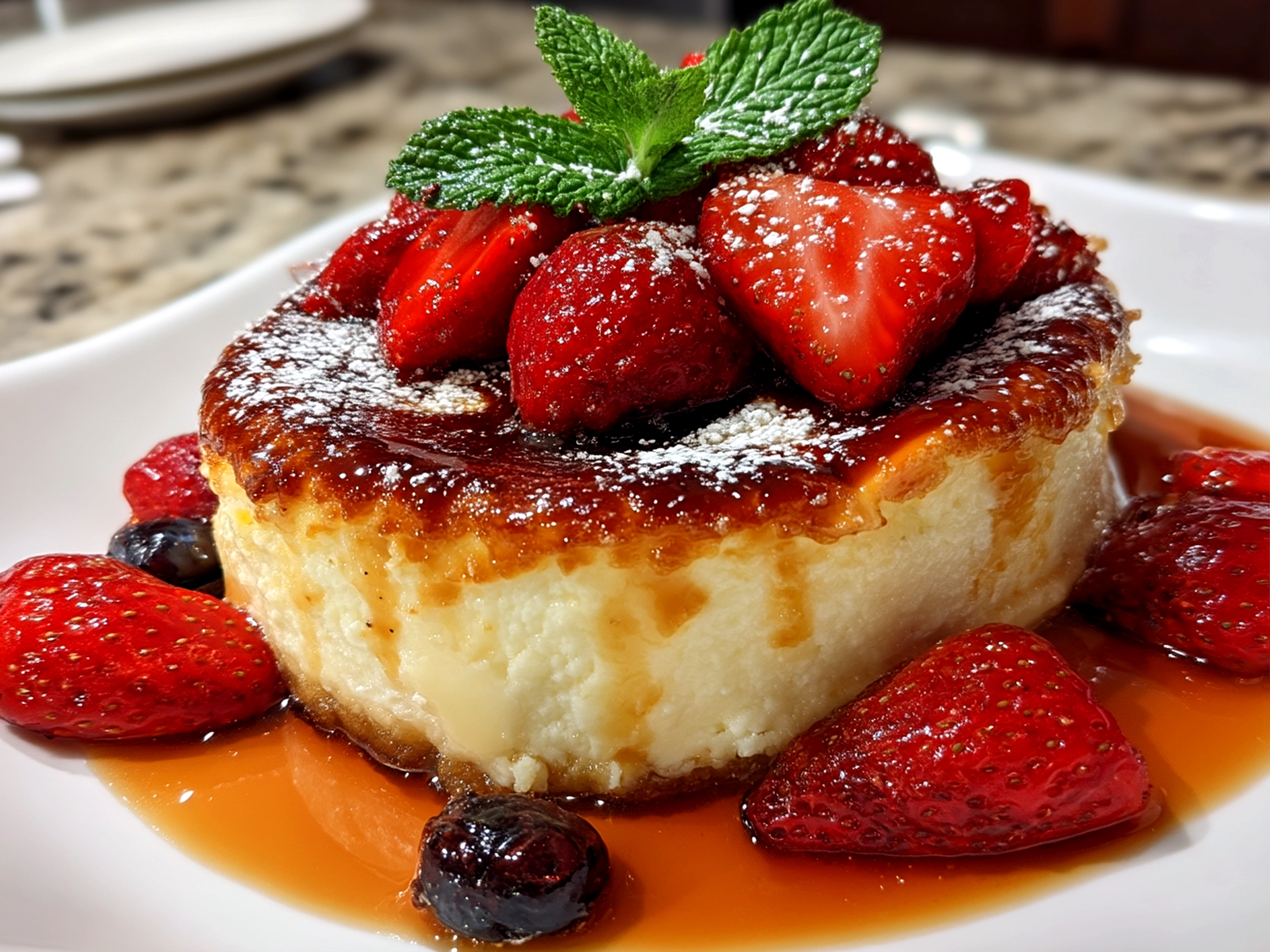 Finished Citrus Berry Burnt Cheesecake with fresh berries on top