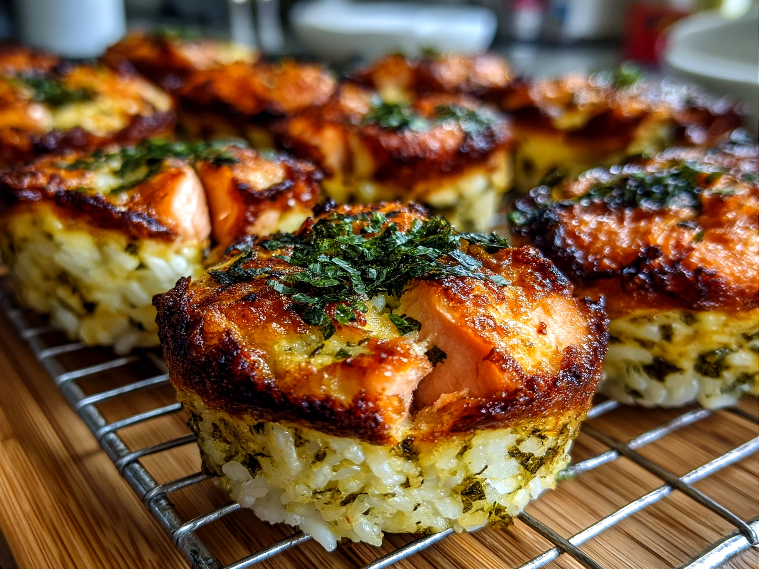 Slight angle close up finished comforting baked salmon sushi cups with condensation on surface shine