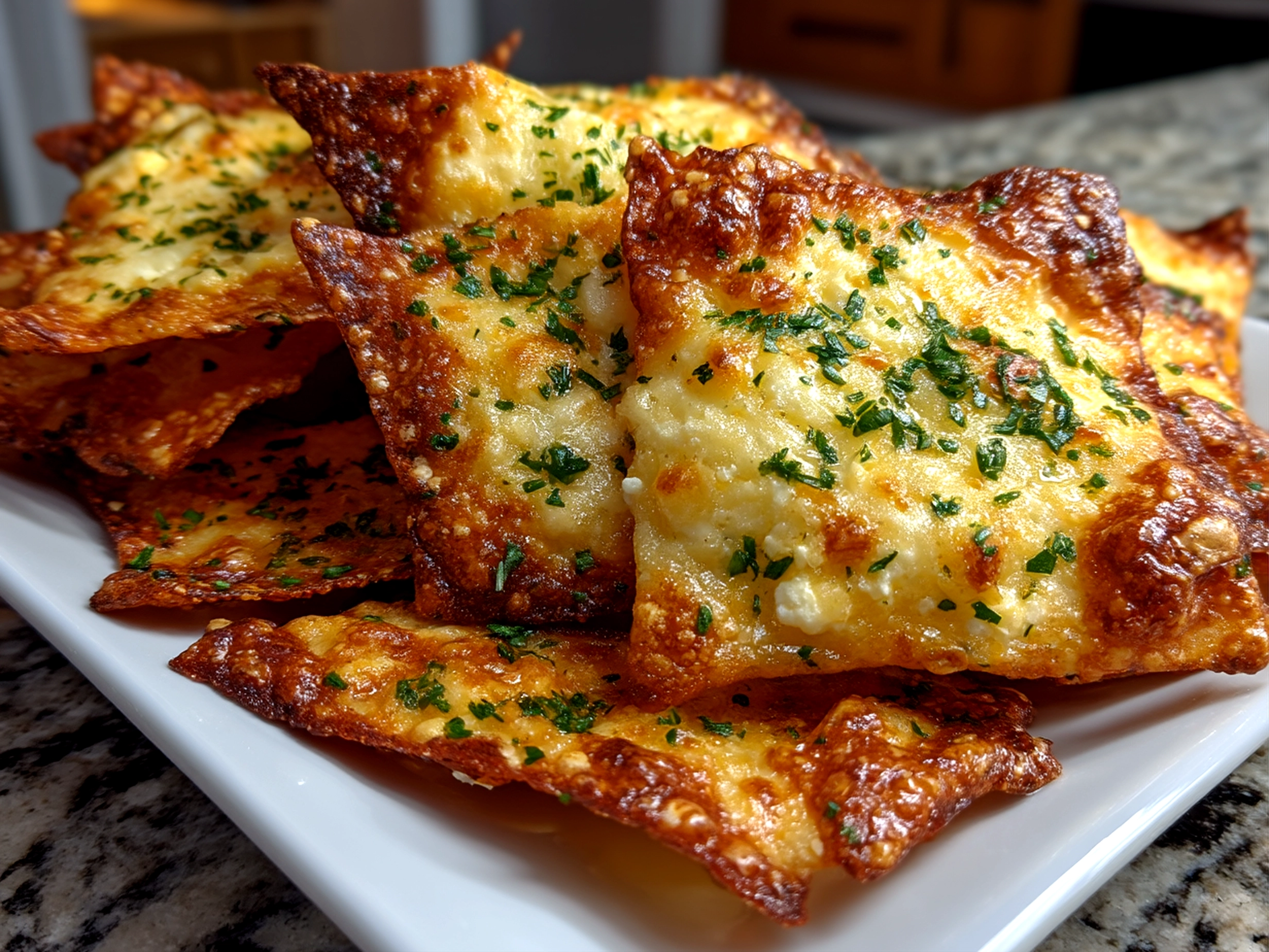 Slight angle close up finished comforting keto cottage cheese chips