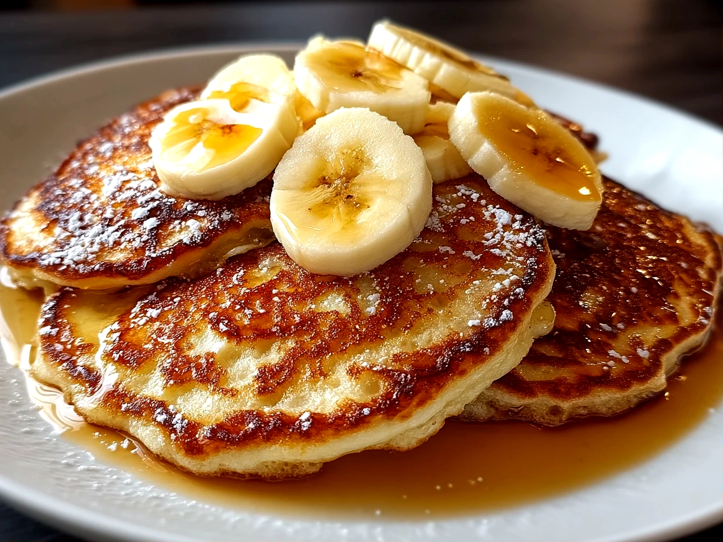 Close-up shot of a comforting stack of sourdough banana pancakes served with syrup
