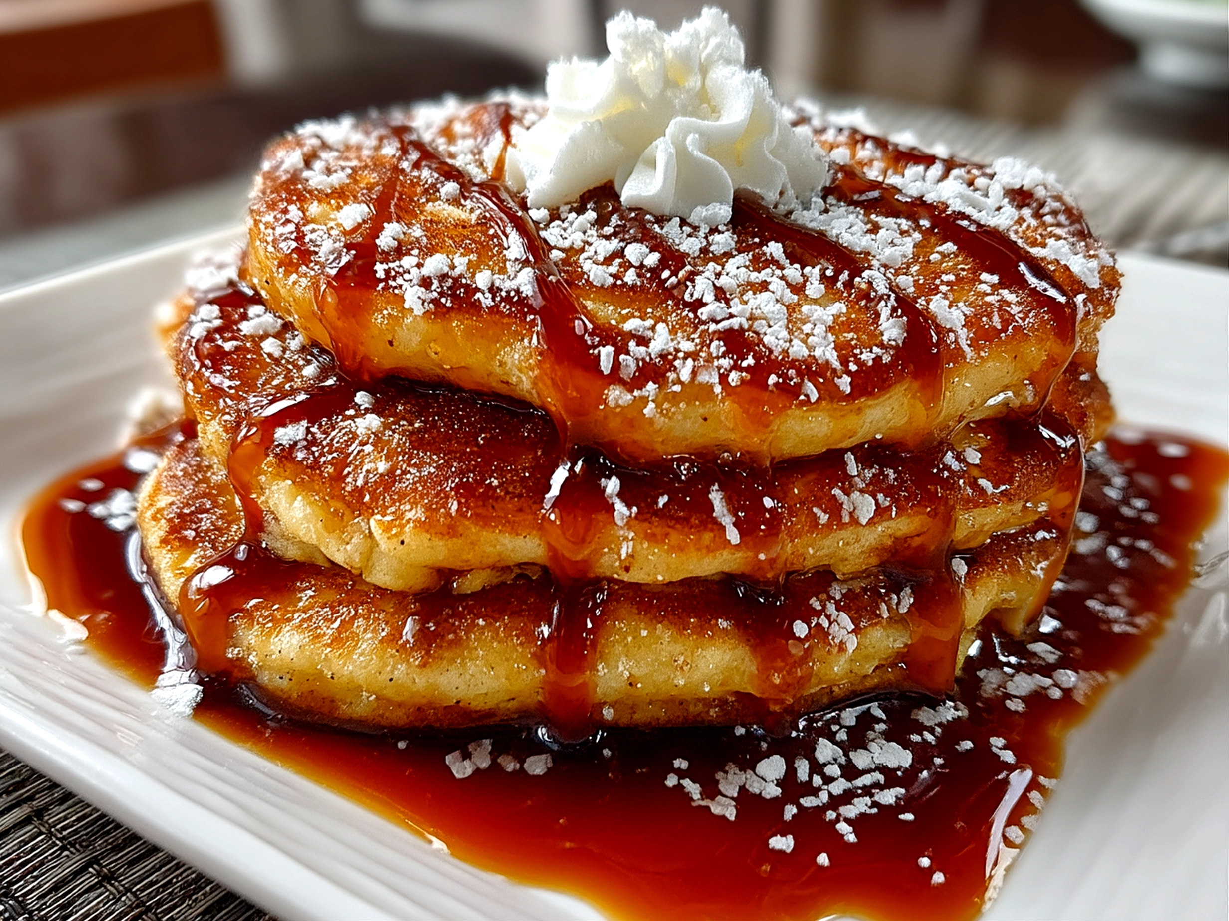 Slight angle close up of finished comforting Spanish Churro-Inspired Pancakes with cinnamon sugar