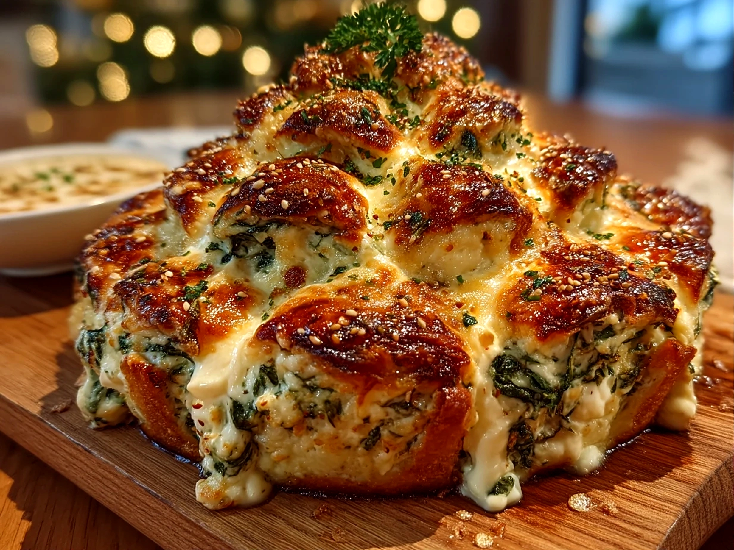 Close-up of completed Spinach Dip Christmas Tree decorated with veggies
