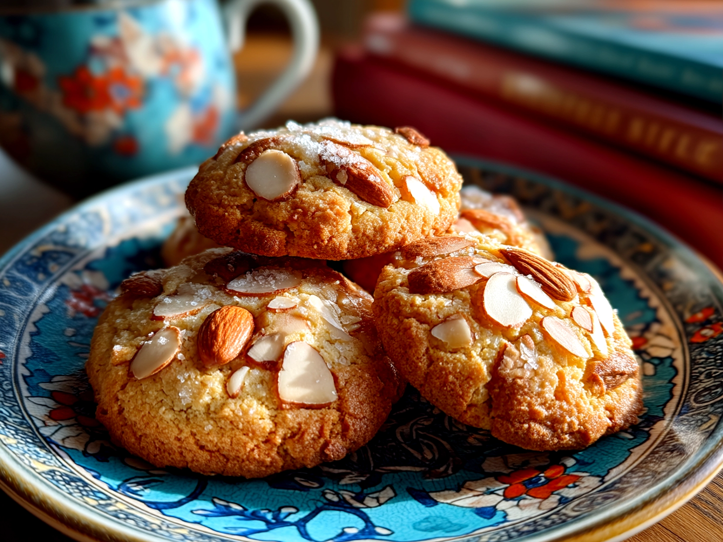 Slight angle close-up of finished comforting Triple Almond Cookies on a plate
