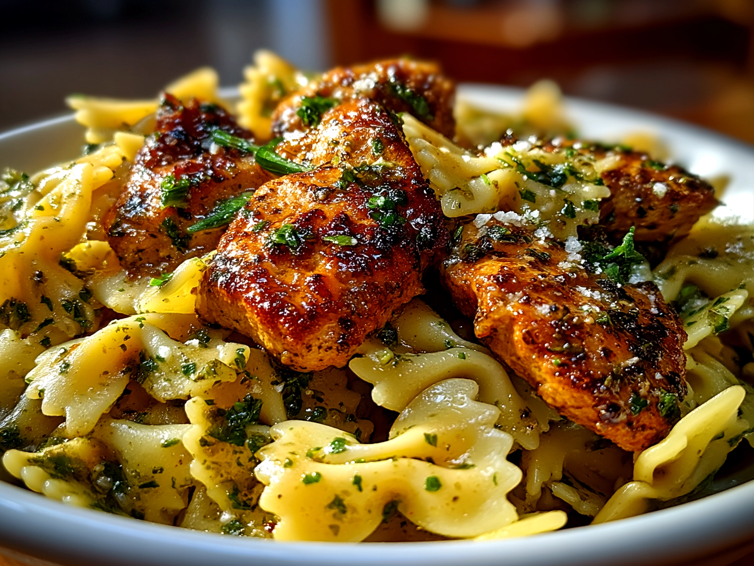 Slight angle close up of finished Cowboy Butter Lemon Bowtie Chicken with Broccoli