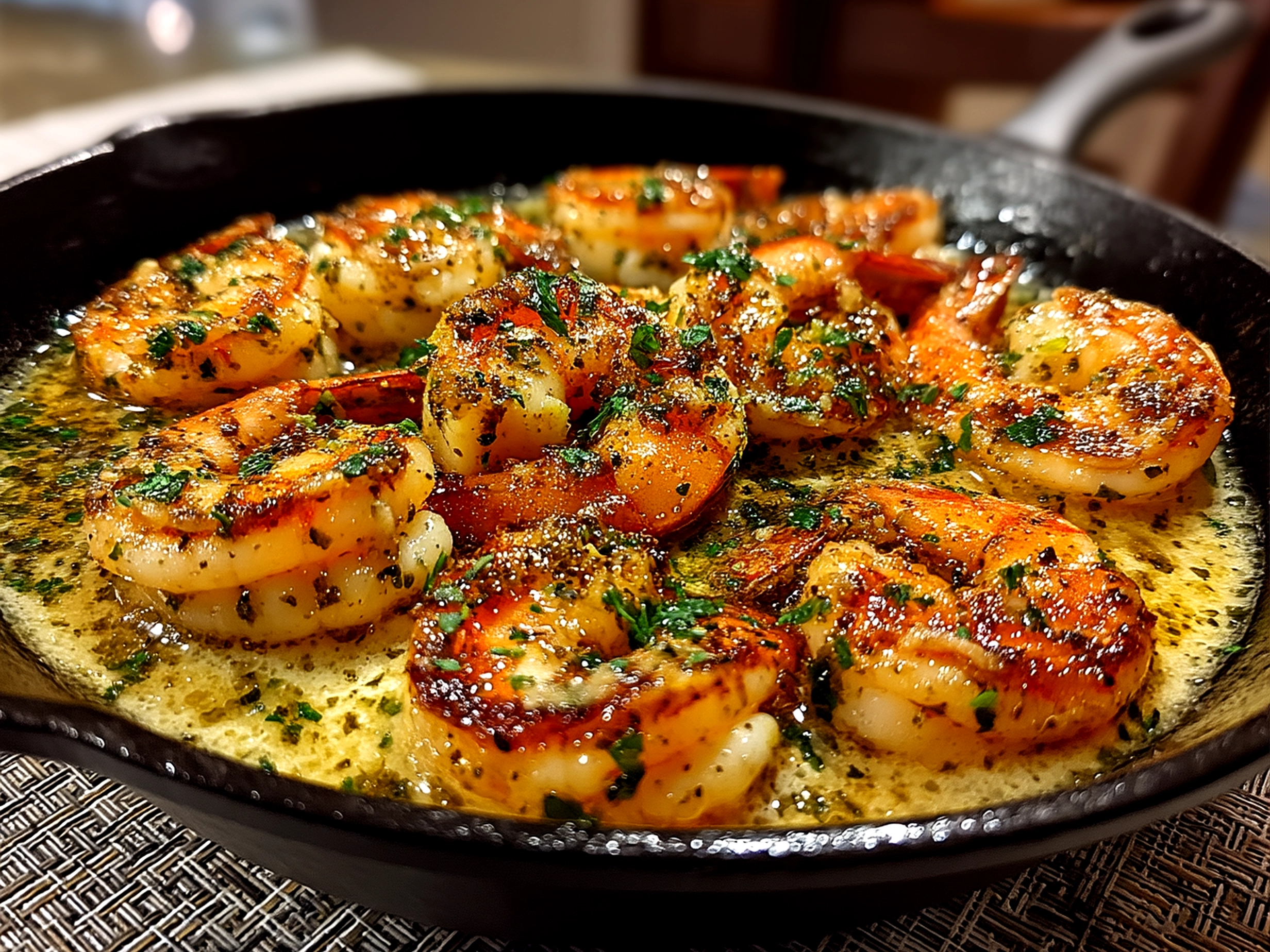 Close-up of finished creamy garlic butter shrimp on plate