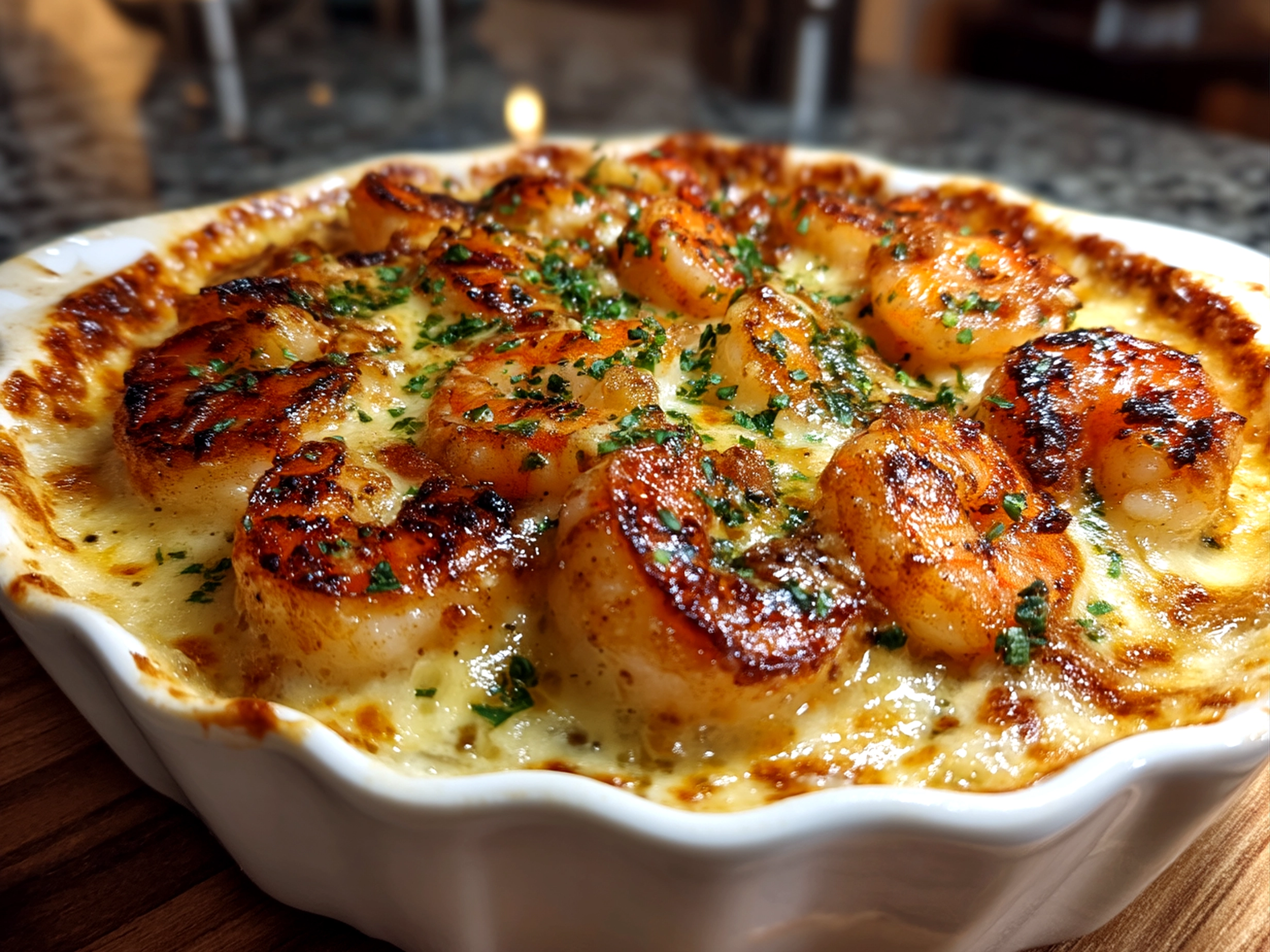 Slight angle close up finished creamy seafood gratin with golden crust