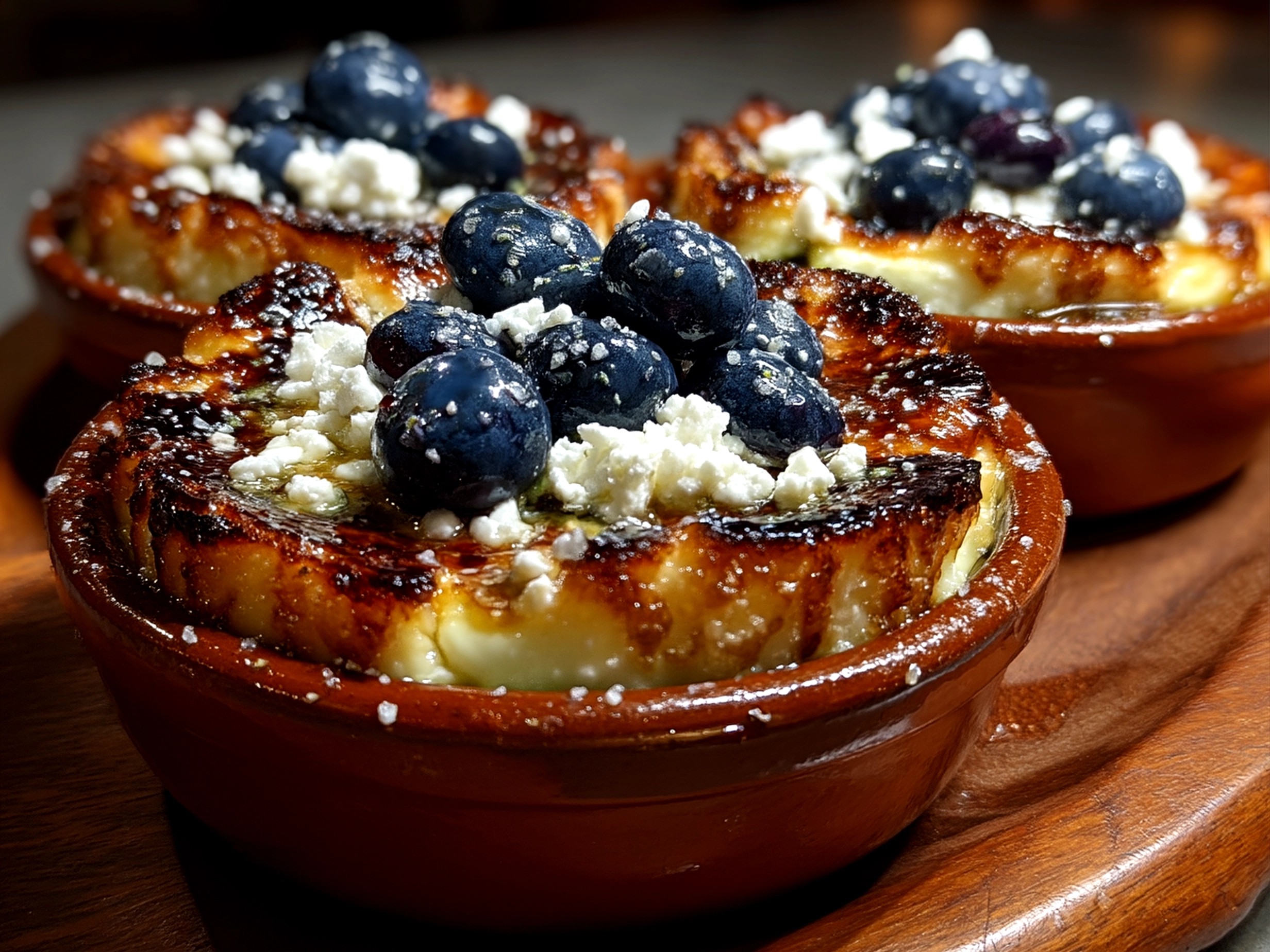 Slight angle close up of finished delicious baked blueberry cottage cheese bowls with natural shadows