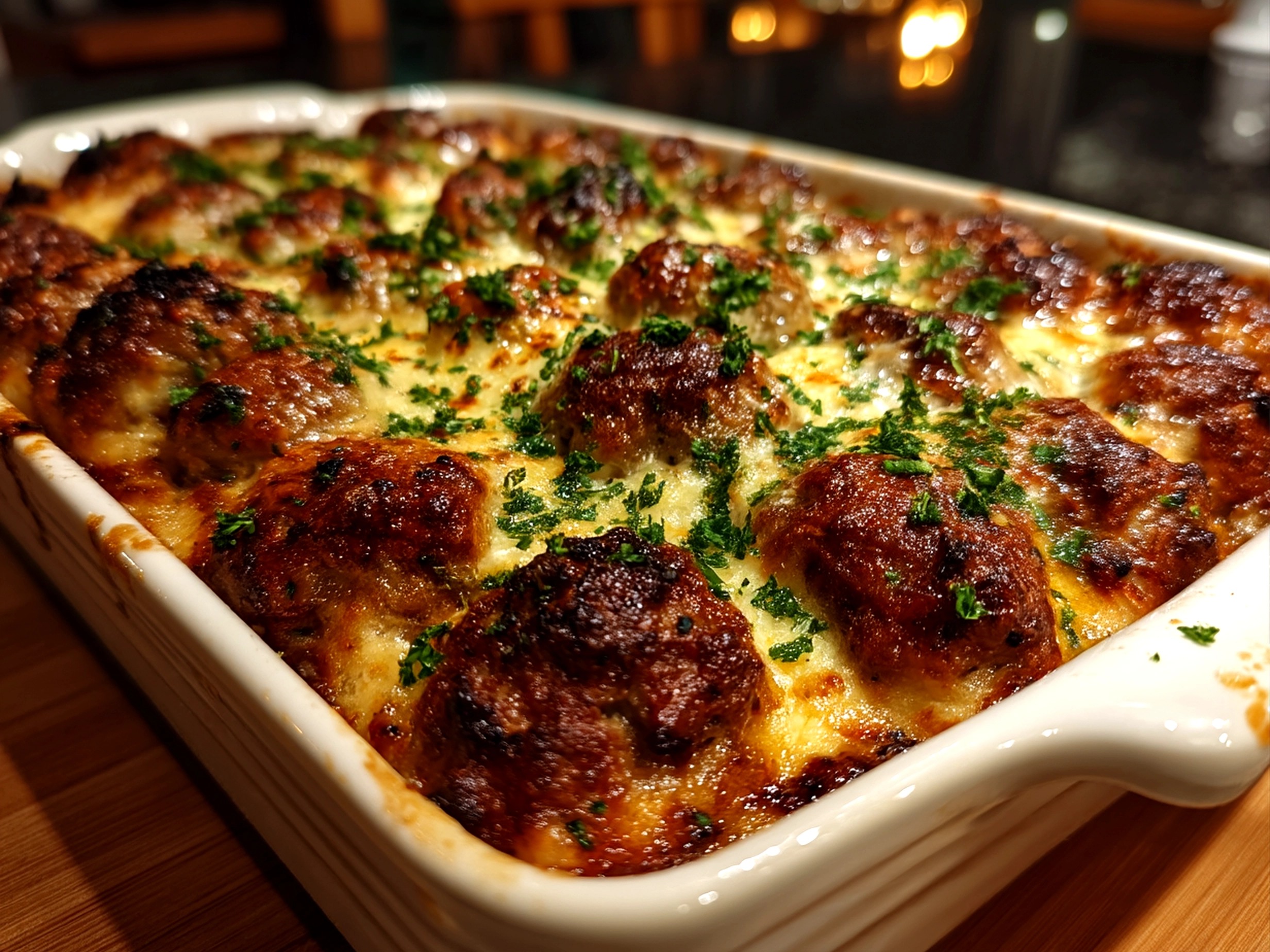 Slight angle close-up of finished Dump-and-Bake Meatball Casserole with melted cheese and veggies