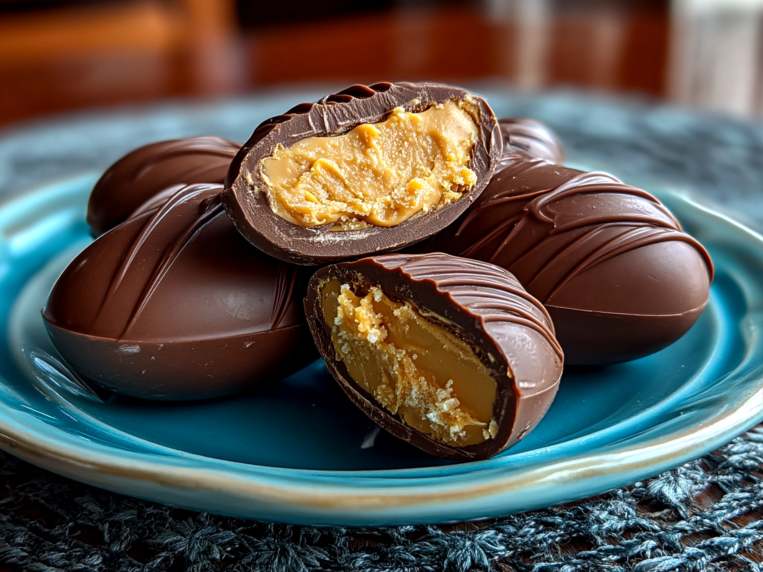 Slight angle close-up of finished Easter Peanut Butter Eggs on a plate