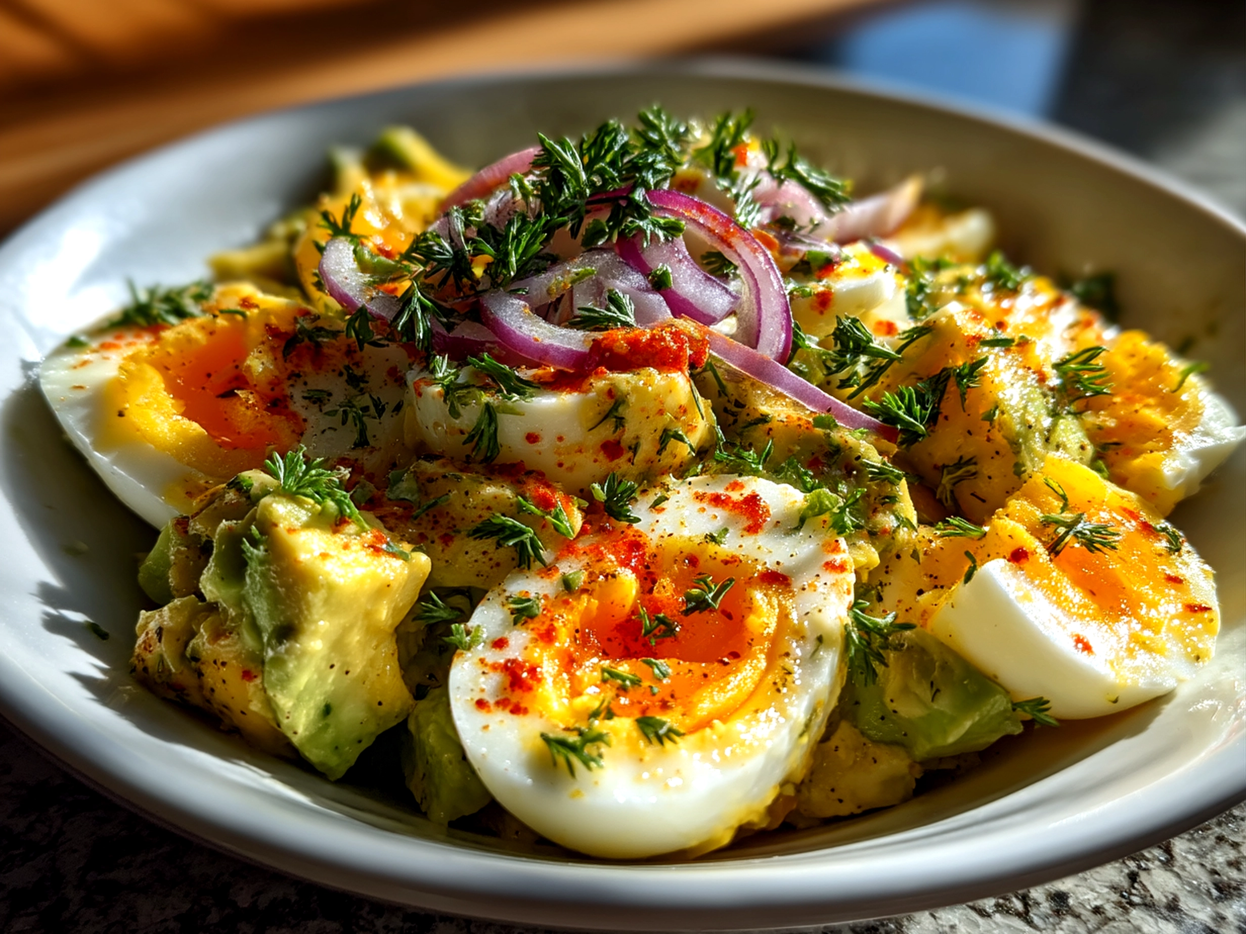Slight angle close up finished egg avocado salad