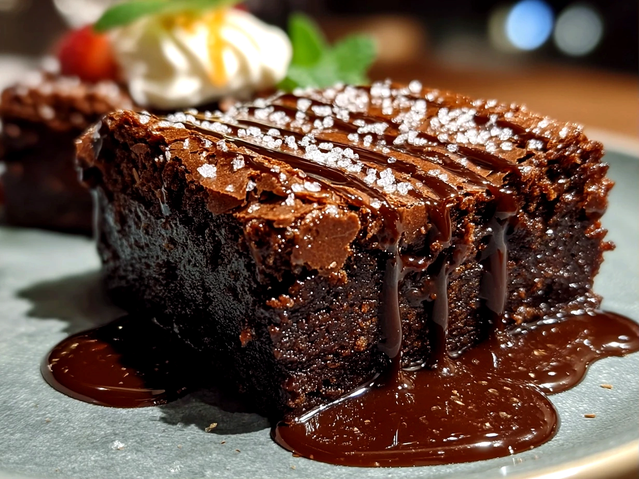 Slight angle close-up of finished freshly prepared Chocolate Mousse Brownies