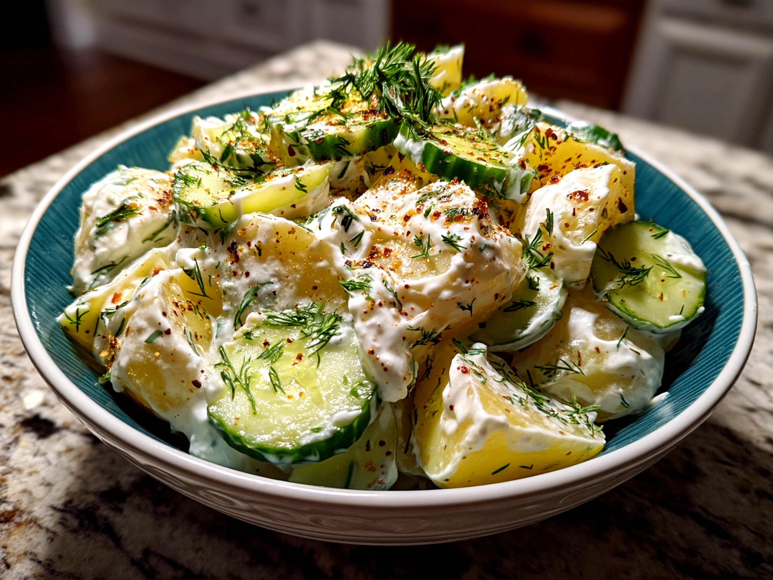 Close-up of finished Greek Yogurt Potato Salad with Cucumbers served in a bowl