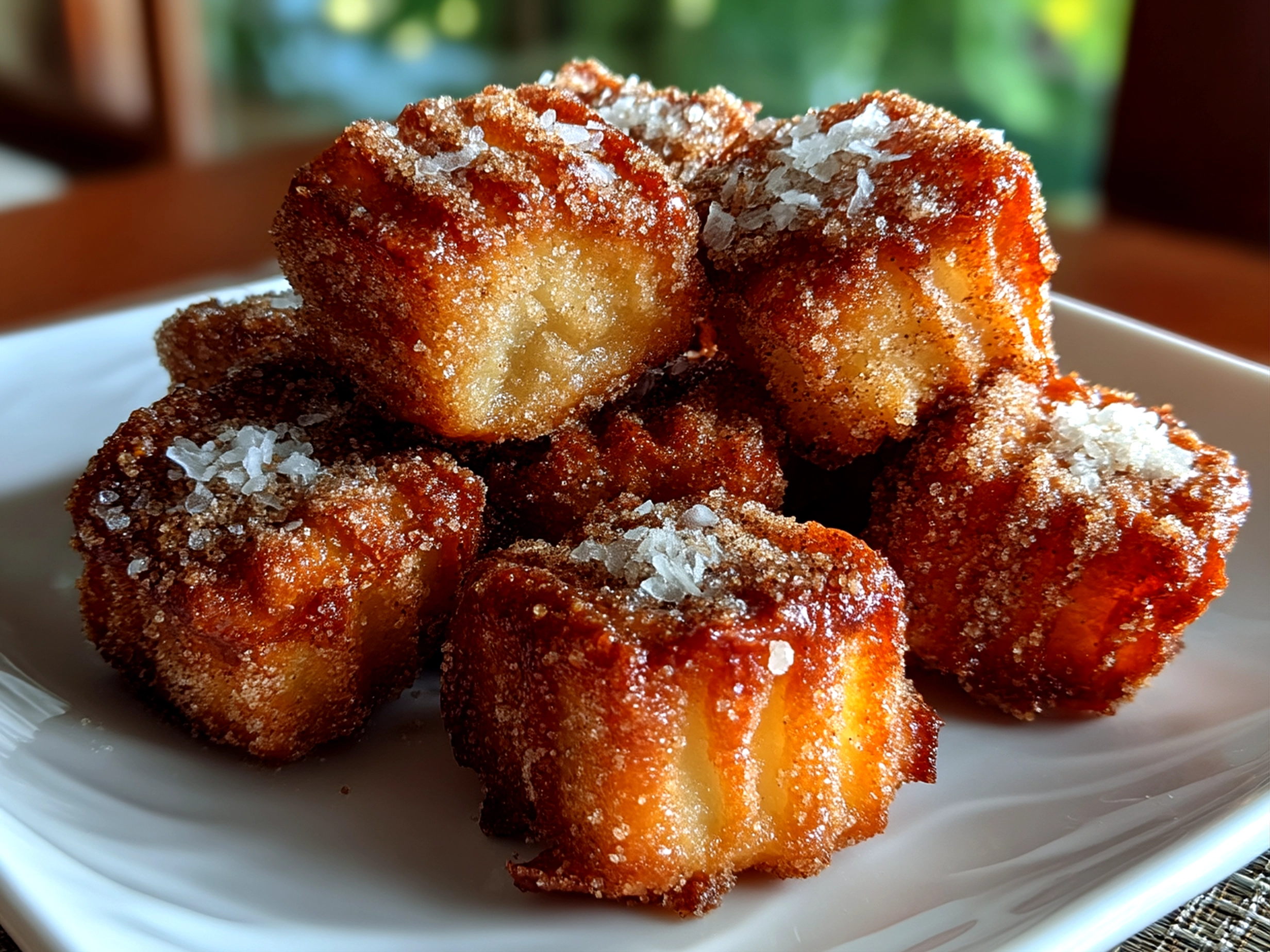 Close-up of finished homemade Air Fryer Churro Bites coated with cinnamon sugar