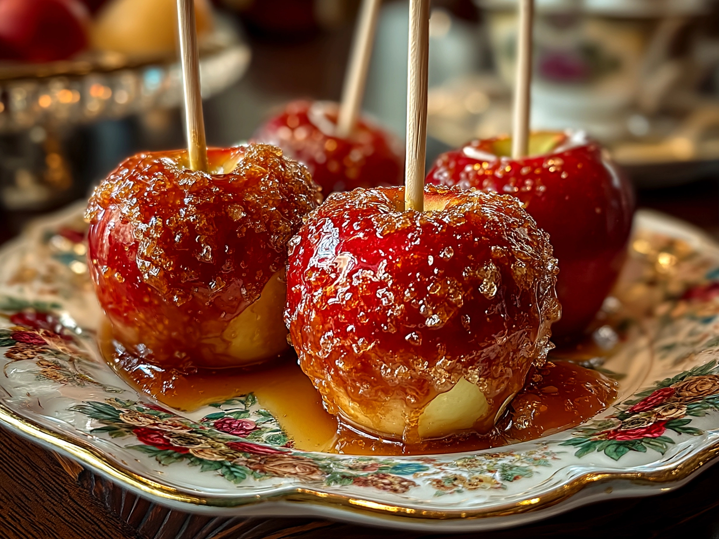 Slight angle close-up of finished homemade candy apples