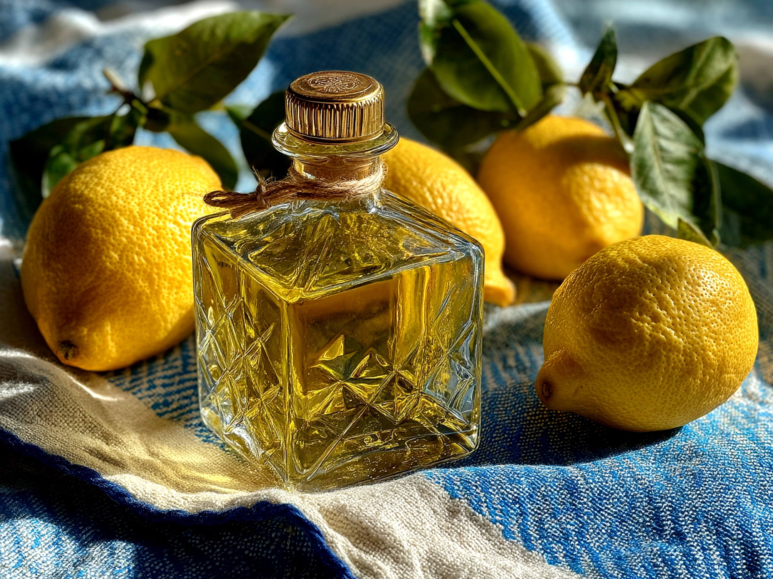 Slight angle close-up of finished homemade Limoncello in a glass jar