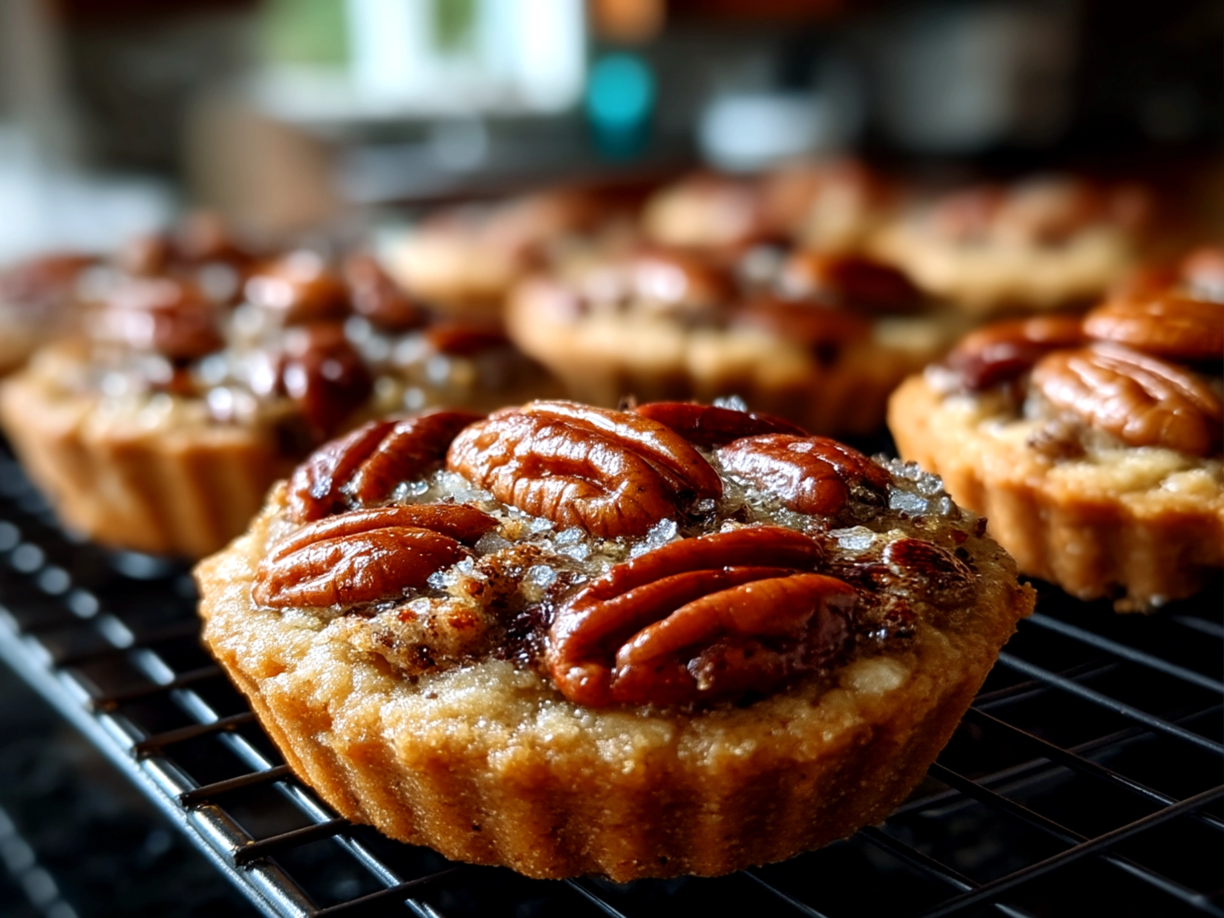 Slight angle close up finished homemade pecan pie cookies