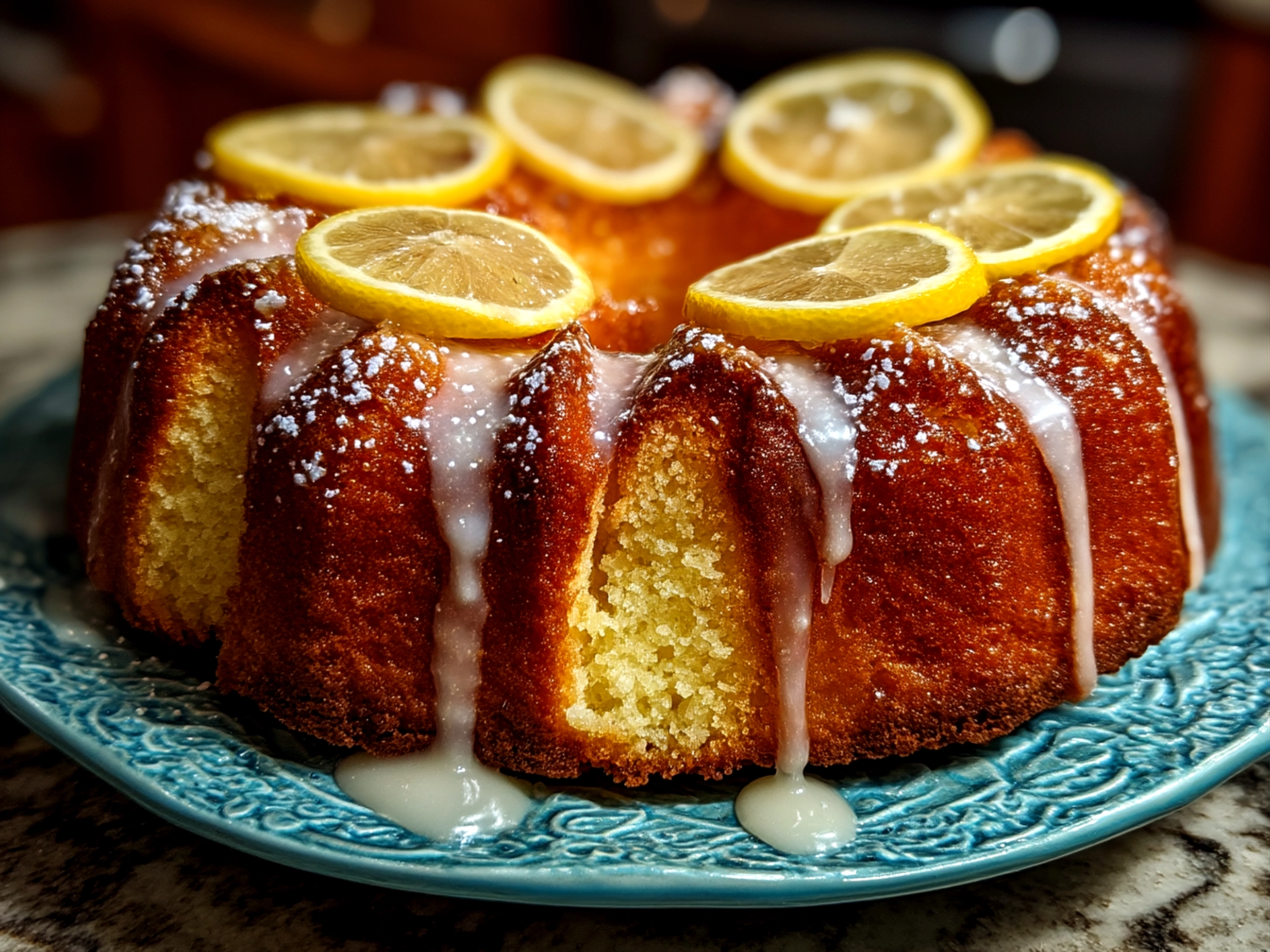 Close-up of finished limoncello cake with frosting