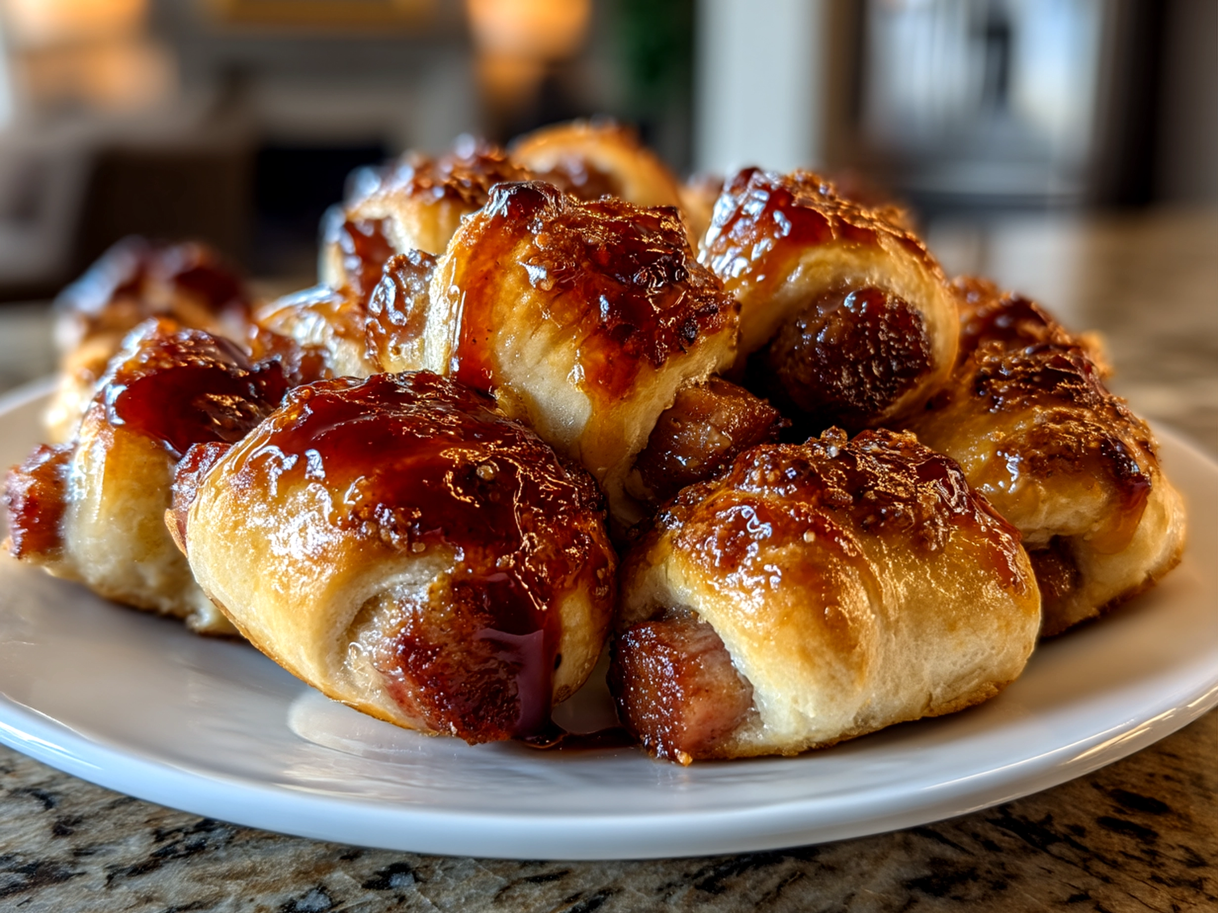 Slight angle close-up finished Little Smokies in Crescent Rolls on a plate