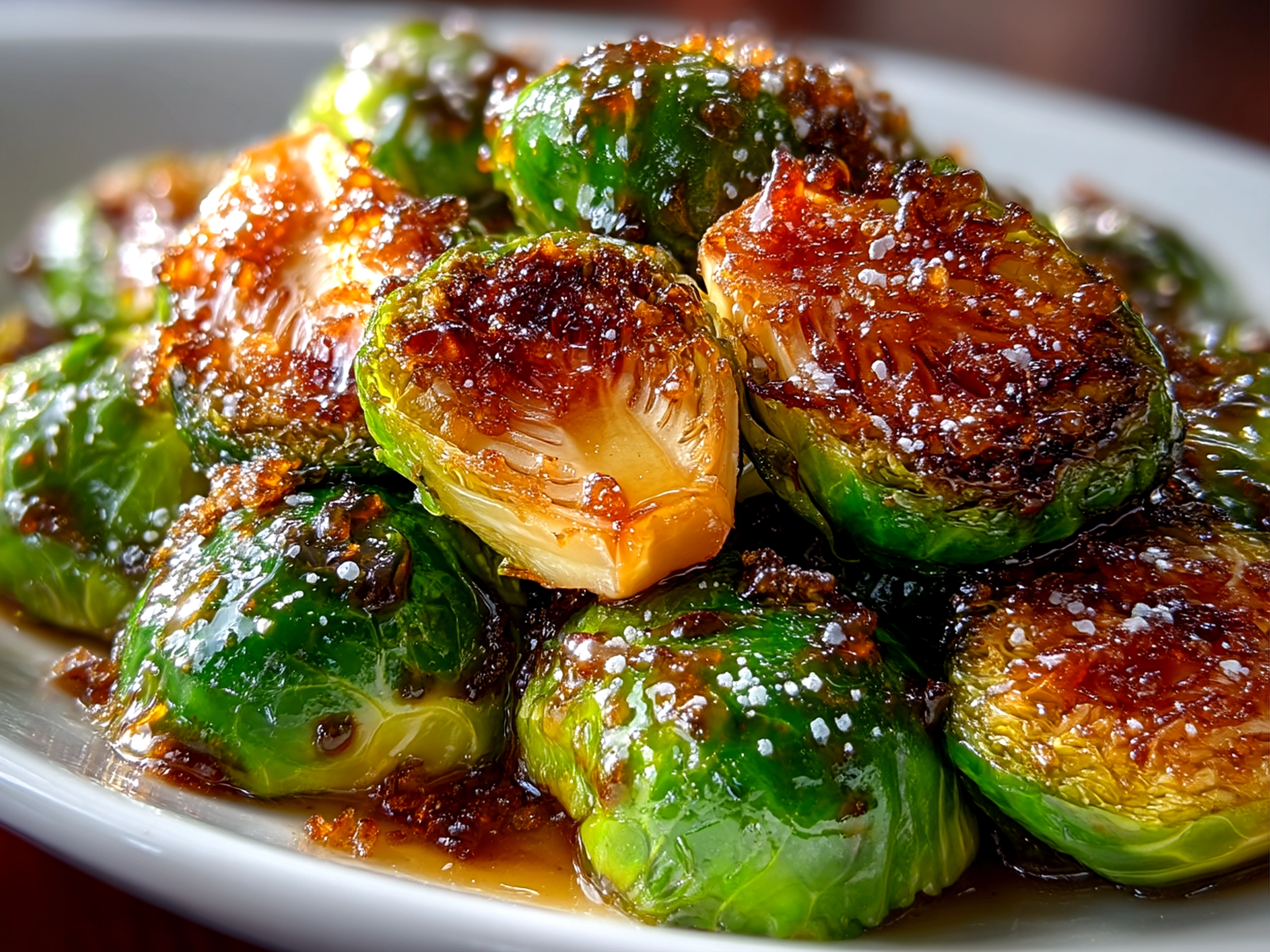 Close-up of finished Maple Balsamic Roasted Brussels Sprouts on a serving platter