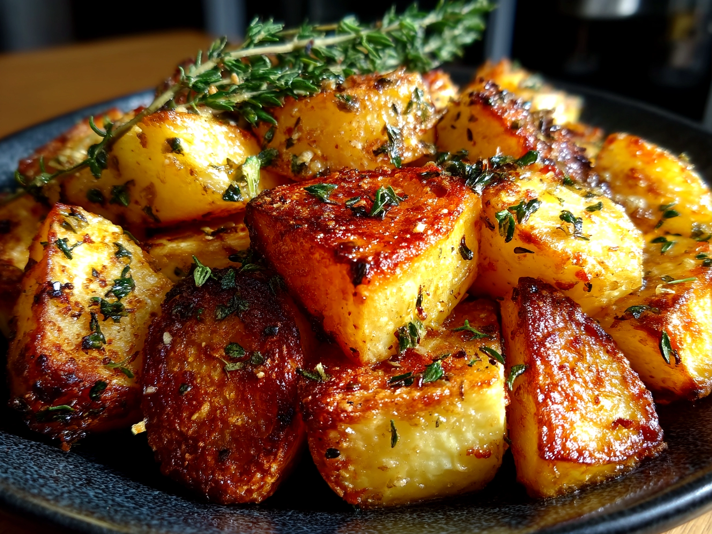 Slight angle close up of finished Maple Roasted Parsnips with Thyme