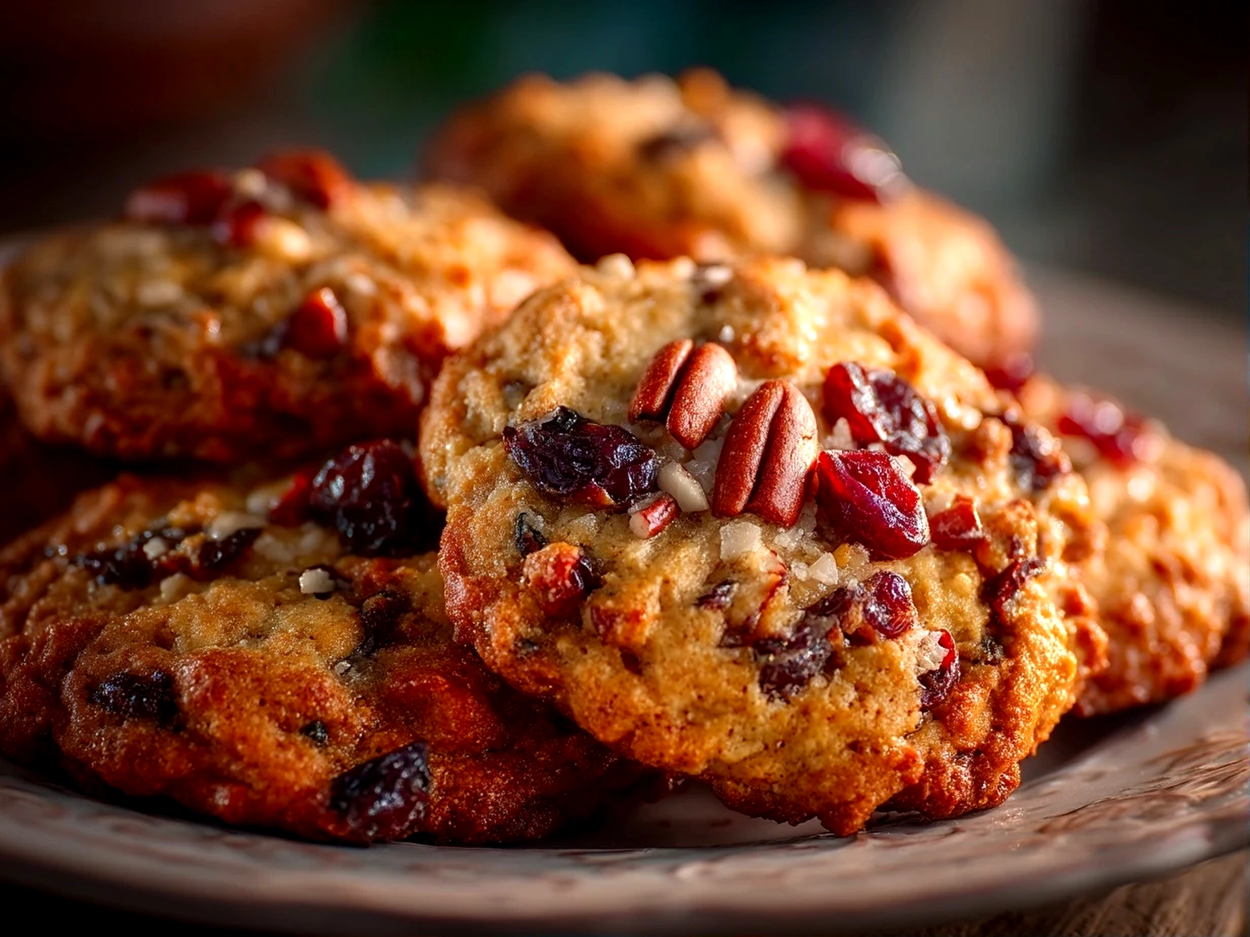 Slight angle close up of finished oatmeal cranberry pecan cookies stacked on a plate
