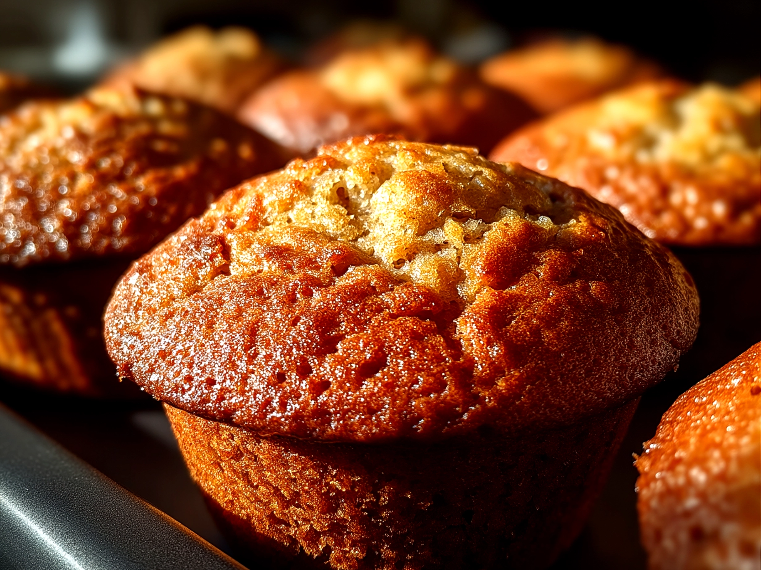 Slight angle close up of finished sourdough discard banana muffins with warm finish