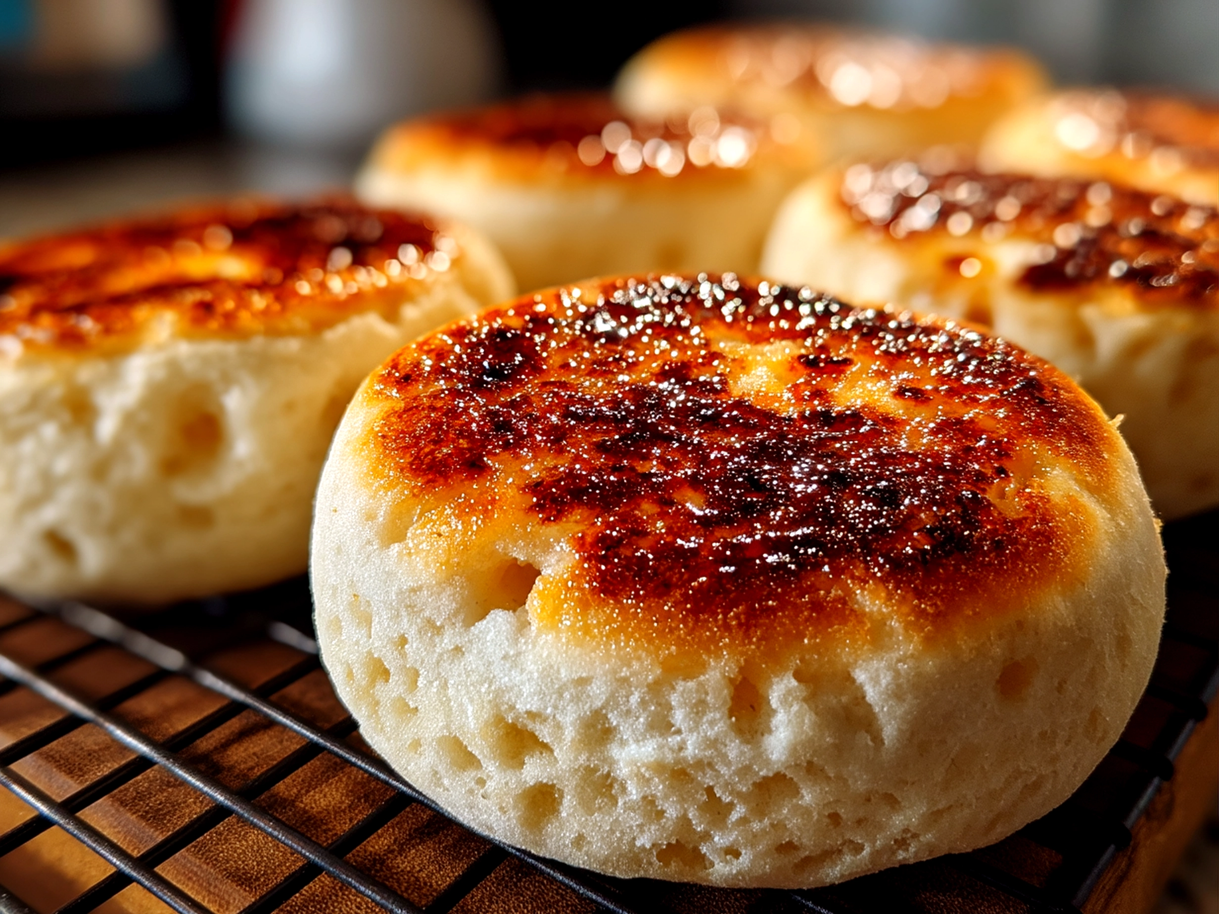 Close-up of finished sourdough discard English muffins showing texture and golden crust