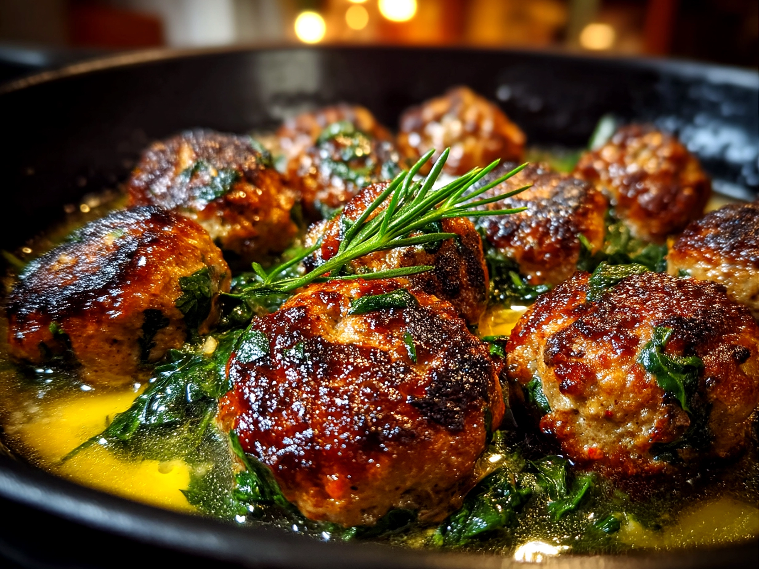 Close up of finished spinach garlic meatballs served as a family meal