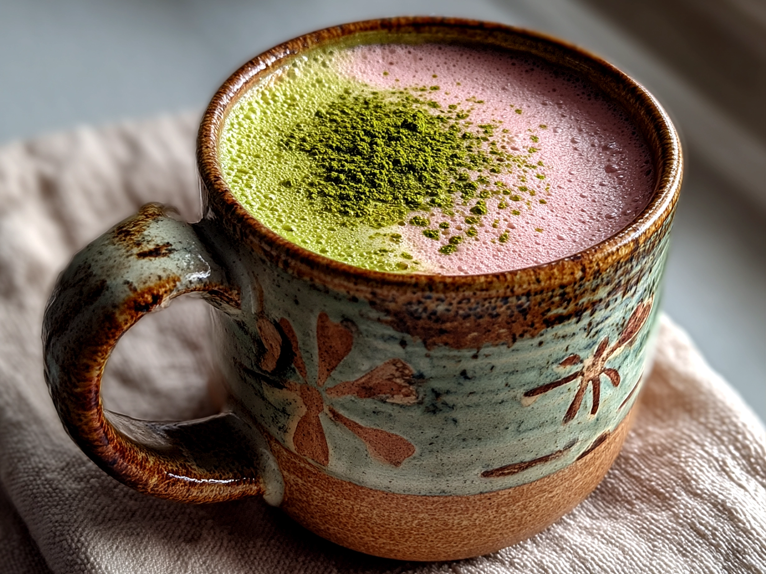 Slight angle close-up of a finished iced Strawberry Matcha Latte in a clear glass cup with colorful straw