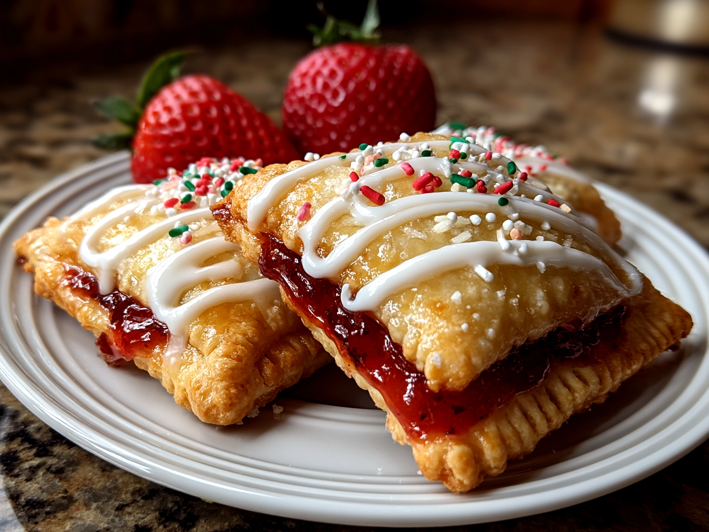 Close-up of finished Strawberry Pop Tart Cookies on a plate