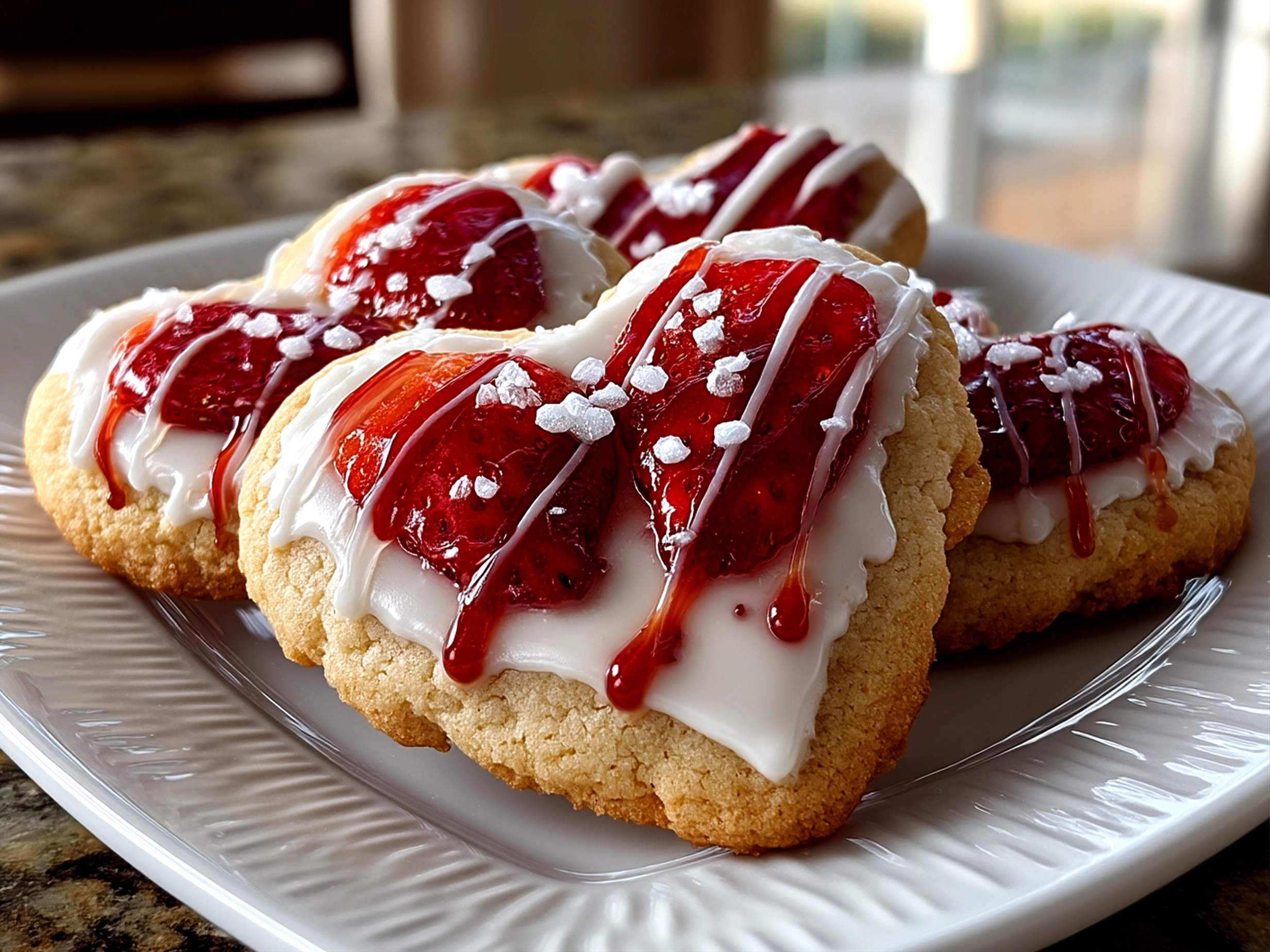 Close up of finished Valentine Strawberry Cookies with strawberry frosting and pink sugar sprinkled on top