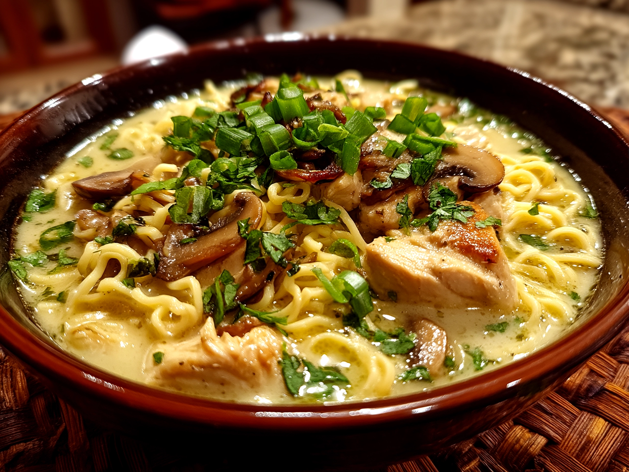 Slight angle close up of creamy garlic chicken ramen finished dish
