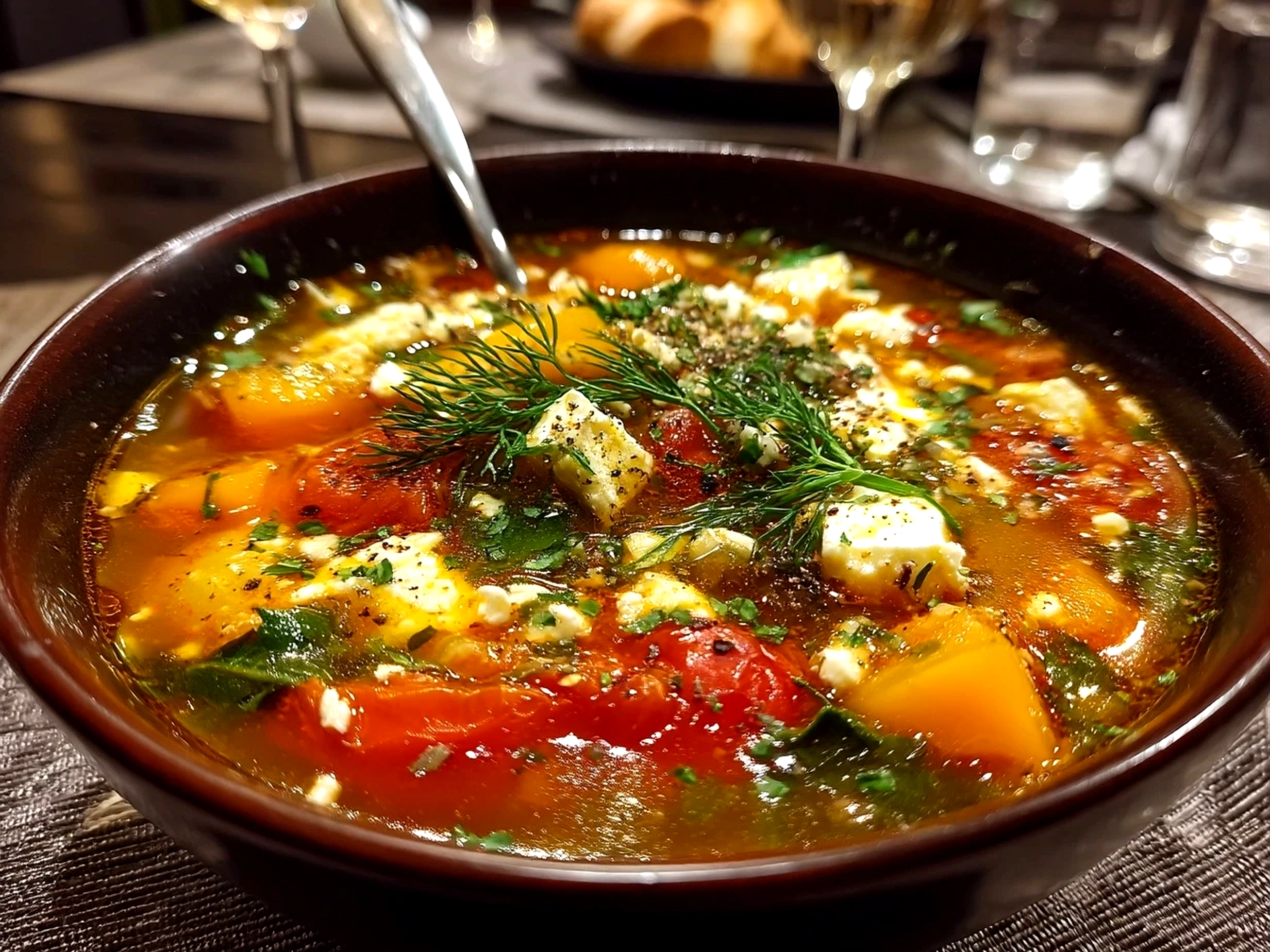 Close up of finished Greek Healing Soup with fresh dill garnish and lemon zest